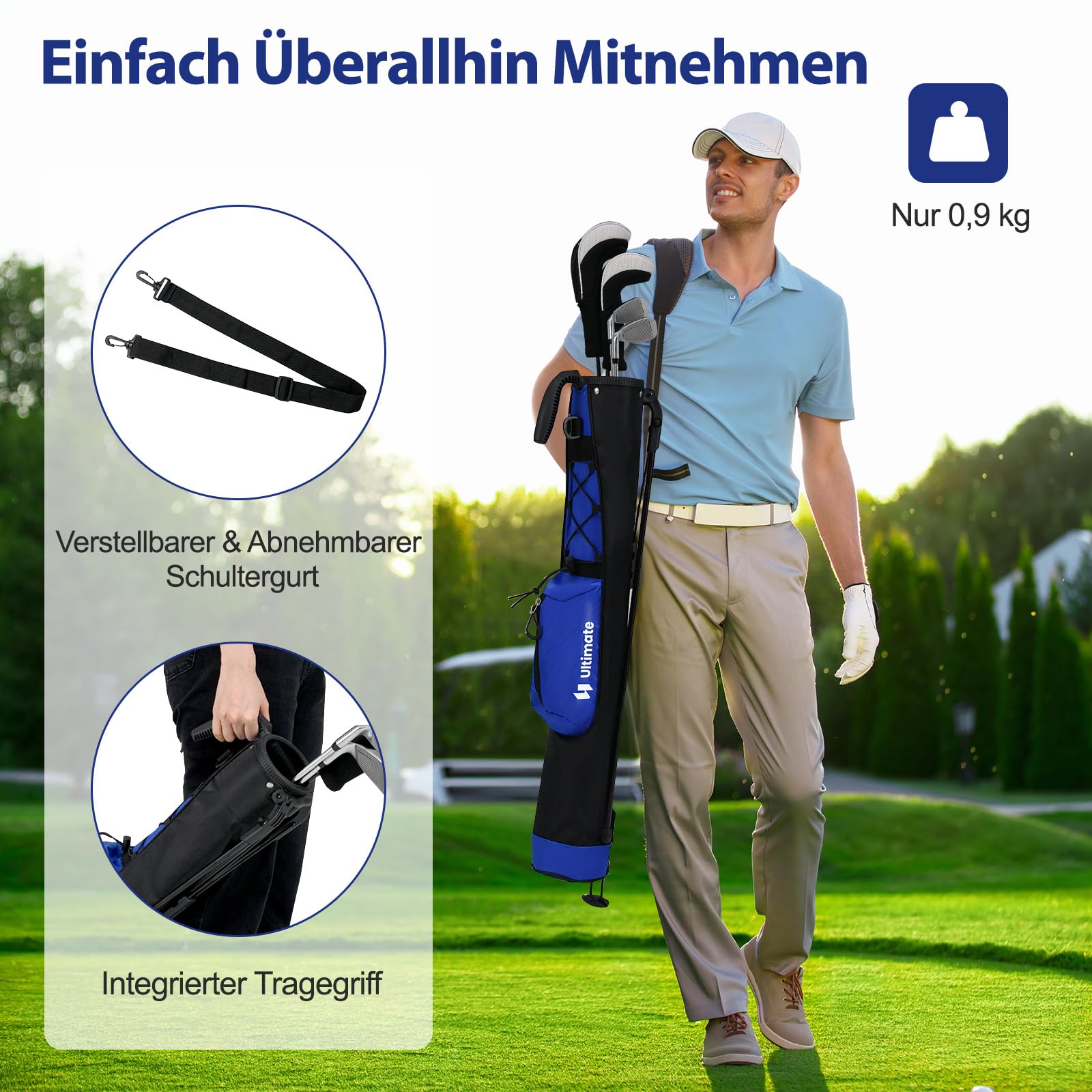 COSTWAY Golf Pencil Bag mit Ständer, Golfbag mit 2 er Unterteilung, Golftasche leicht mit Schultergurt & Tasche, Golf Standbag tragbar für Herren, Damen
