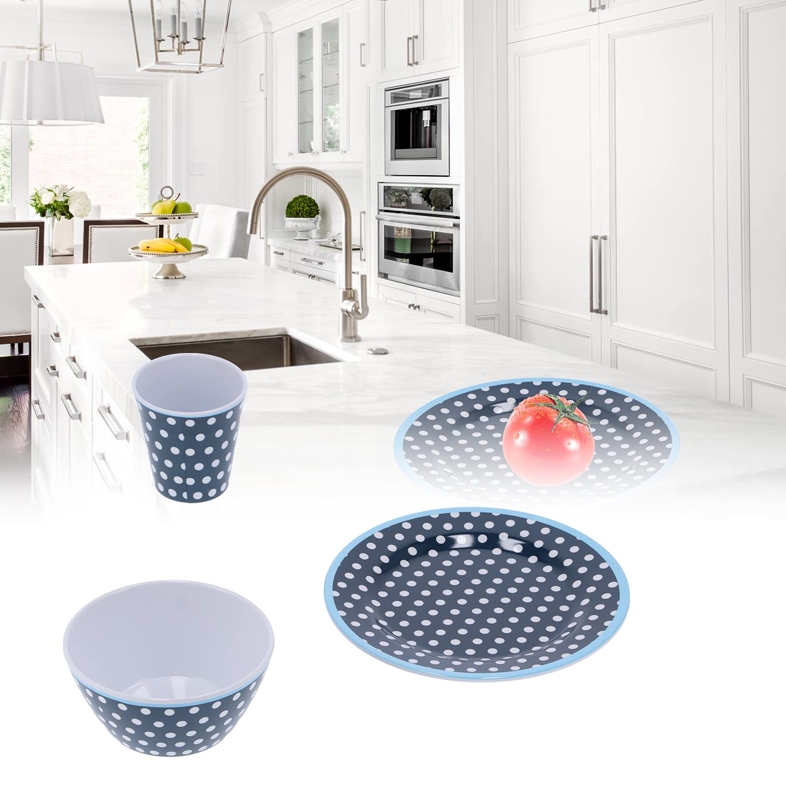 Juego de vajillas de punto azul oscuro de 12 piezas, plato de platos de ensaladera de tazas de material de melamina, elegante para restaurante en casa, vajilla con duración y