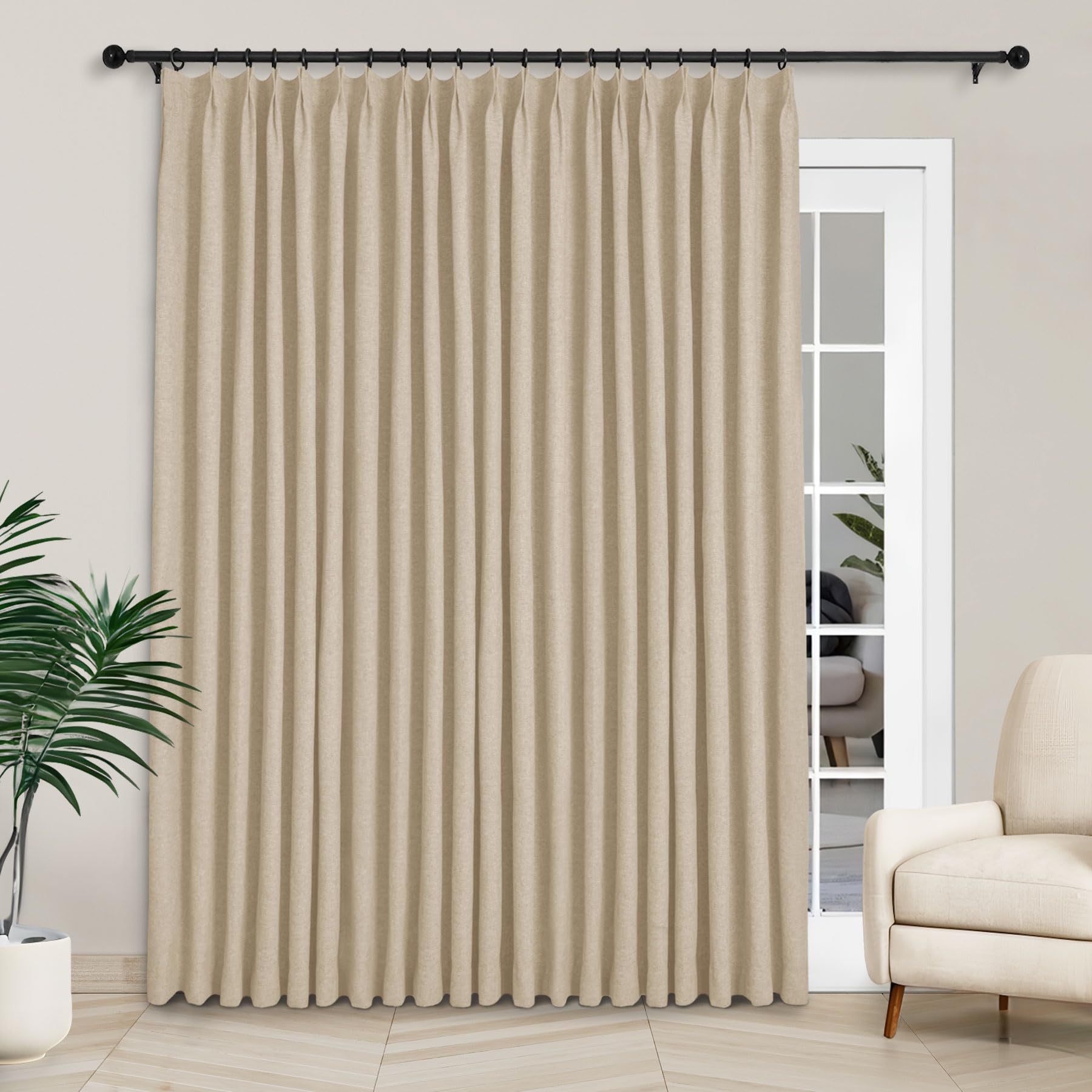 Macochico 100”Wx96”L Pinch Pleated 100% Blackout Linen Curtains Thermal Sliding Curtains for Bedroom Living Room Sliding Glass Door Farmhouse Shabby