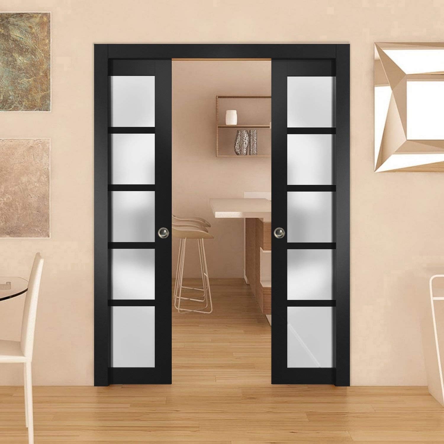 SARTODOORS Slab Barn Door Panel Frosted Glass | Quadro 4002 Black Matte | Sturdy Finished Doors | Pocket Closet Sliding-30 x 96"