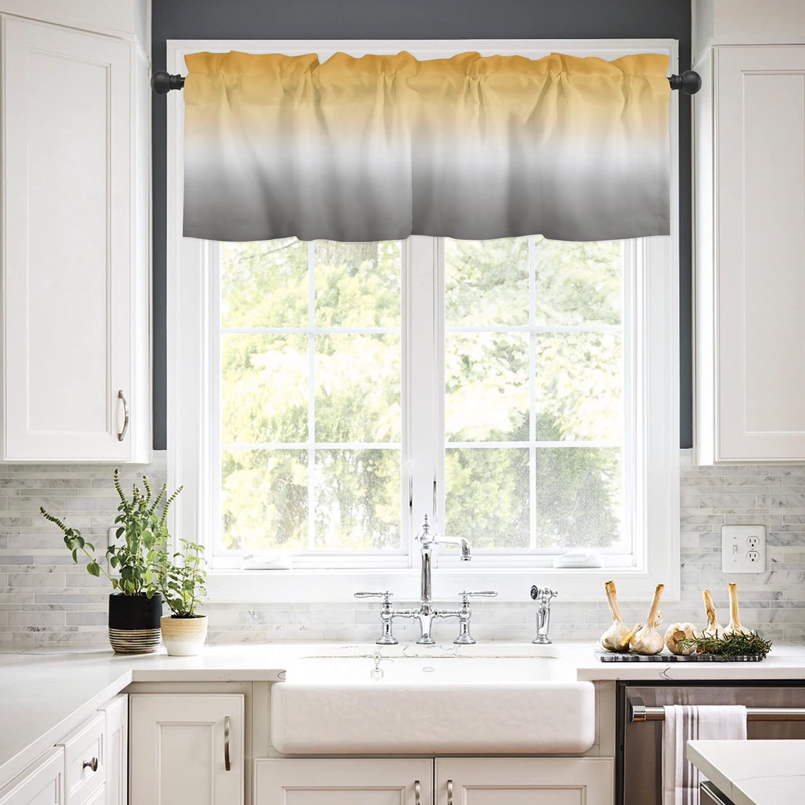 Crystal Emotion Window Curtains Valance Rod Pocket Curtain Drapery for Living Room Kitchen Bathroom, Yellow Gray Ombre, Soft&Washable Small Window Treatment Valances, Simple, 1 Panel, 54x18inch