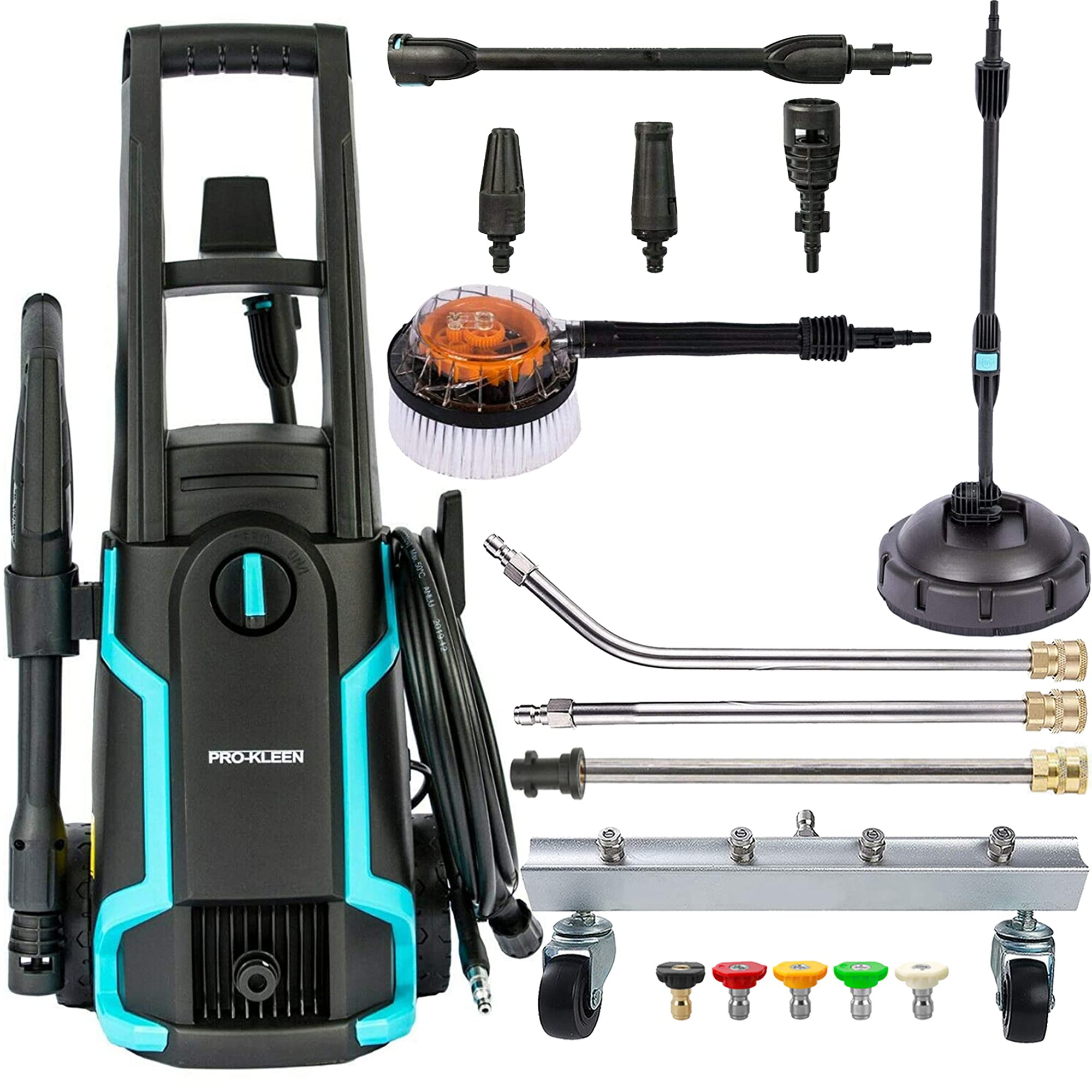 Pro-Kleen Pressure Washer Jet Power Electric Power Cleaner For Patio and Car 1600W - Patio Attachment - Rotary Brush - Chassis Undercarriage Cleaner And Lance with 5 Spray Adapters & Extension Wands