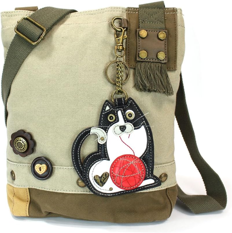 Chala Handbag -Black Cat Patch Crossbody Canvas Messenger Bag (Sand)