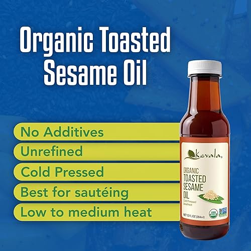 Miniatura 3 de Kevala Aceite de sésamo tostado orgánico, aceite sin colesterol con antioxidantes y vitaminas esenciales para cocinar y hornear diariamente, ideal