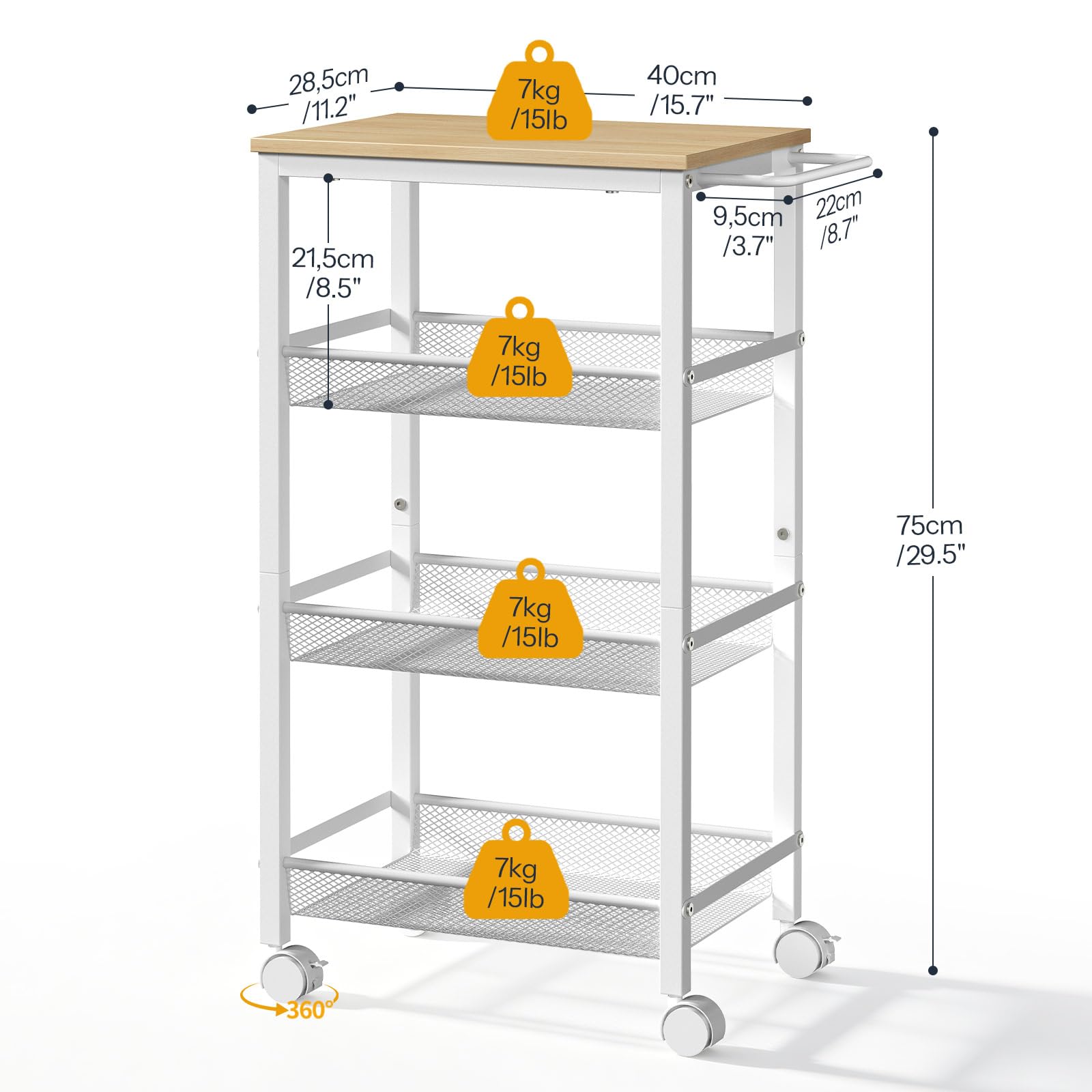 HOOBRO Chariot de Service à 4 Niveaux avec roulettes et Pieds Réglables, Chariot Mobile avec Barrières, Chariot de Cuisine, Chariot de Bar, pour Cuisine, Salon, Blanc et Couleur Bois EWN72TC01