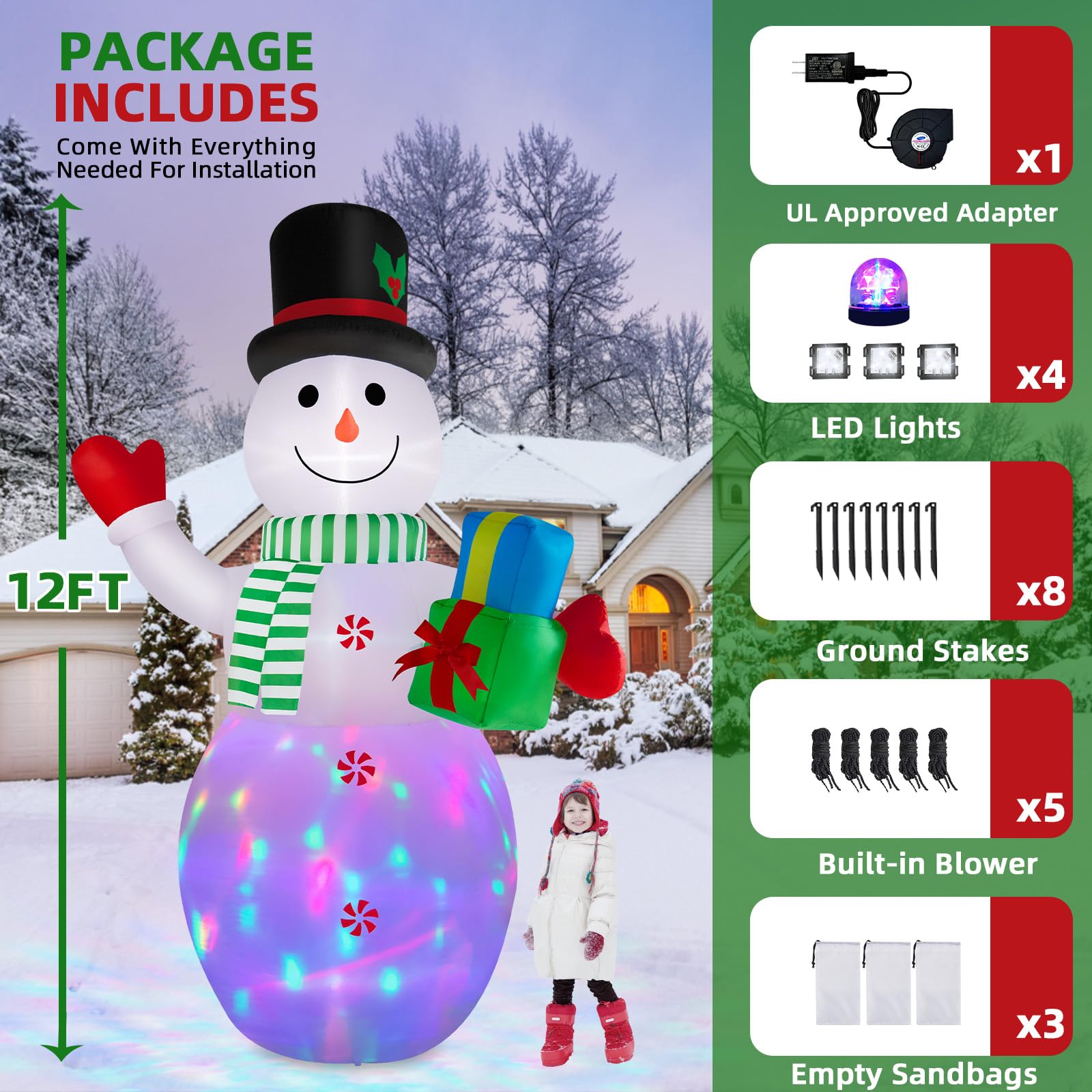 Bonhomme de neige géant gonflable de 3,7 m - Décoration de jardin gonflable - Lumières LED intégrées pour Noël, fête, jardin, cour