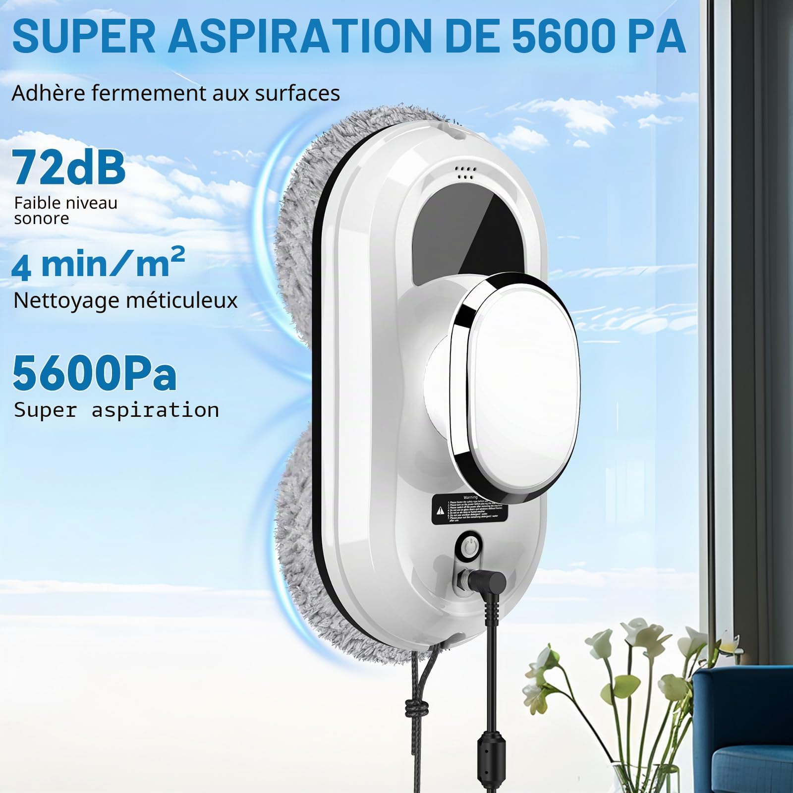 Robot Nettoyeur Vitre, 5600Pa Robot Laveur de Vitre Automatique avec Pulvérisation d'eau, Lave Vitre Automatique avec 3 Modes de Nettoyage, Navigation Intelligente et Système de Protection