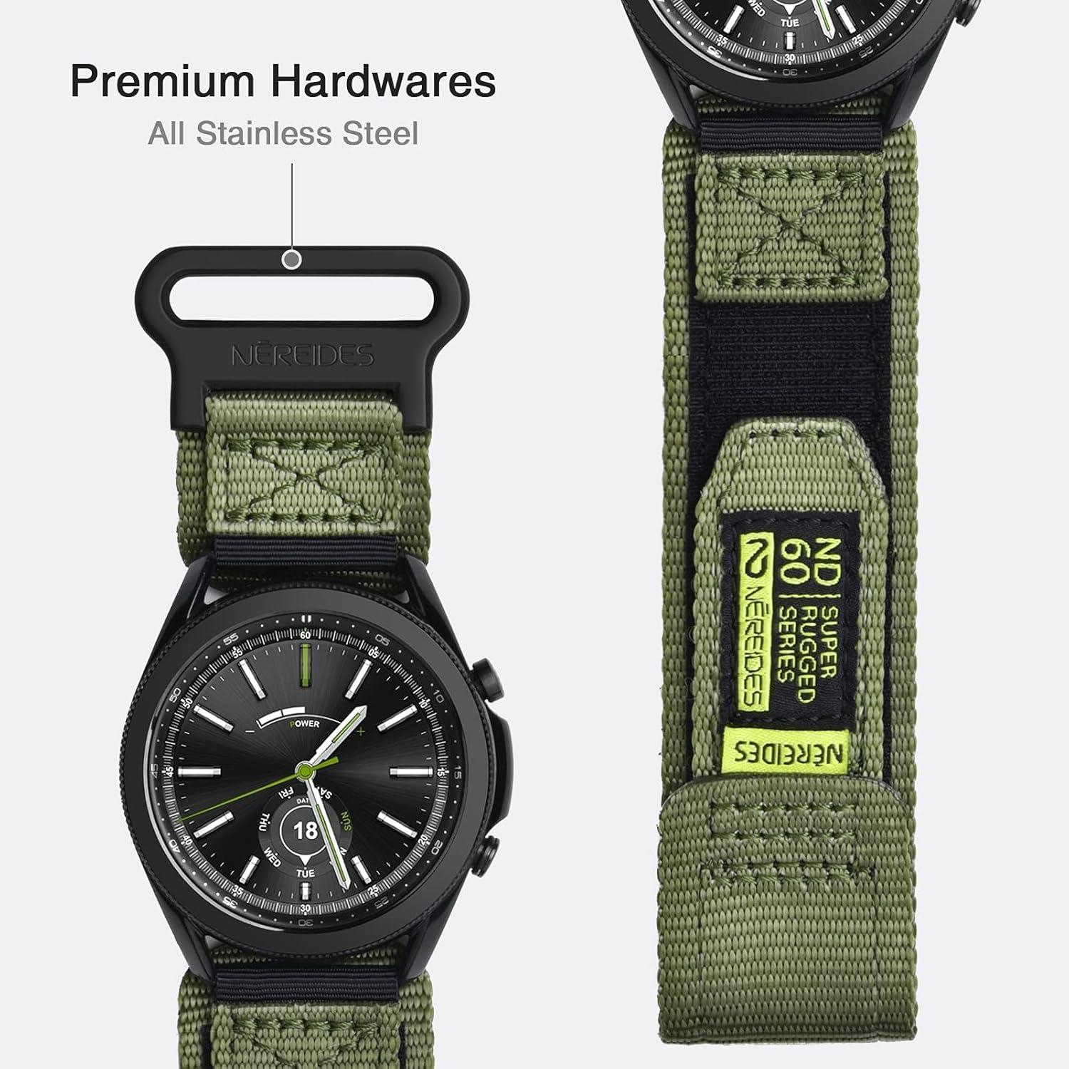 Nereides Band Compatible with Samsung Galaxy Watch 3 45mm/Galaxy Watch 46mm/Gear S3 Frontier/Classic, 22mm Tough Replacement Band (XL, Army Green)