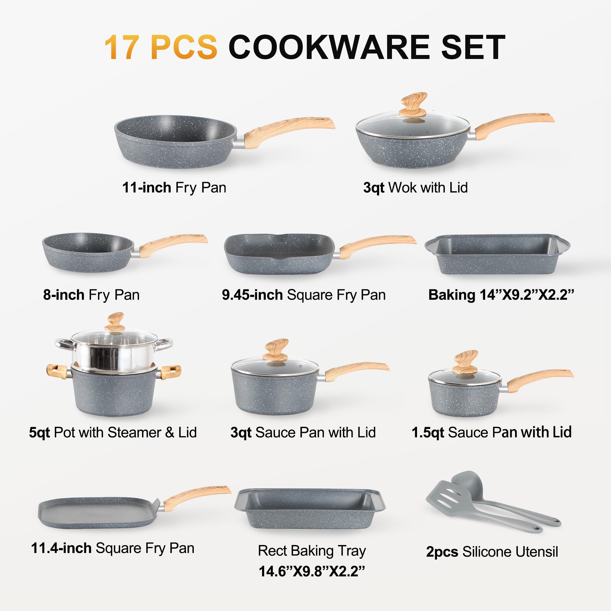 DishDelight Induktions-Kochgeschirr-Set mit Grillplatte 17-teiliges Induktions Töpfe Set Topf und Pfannenset mit Deckel Granit Antihaftbeshichtung Topfset Kochtopf
