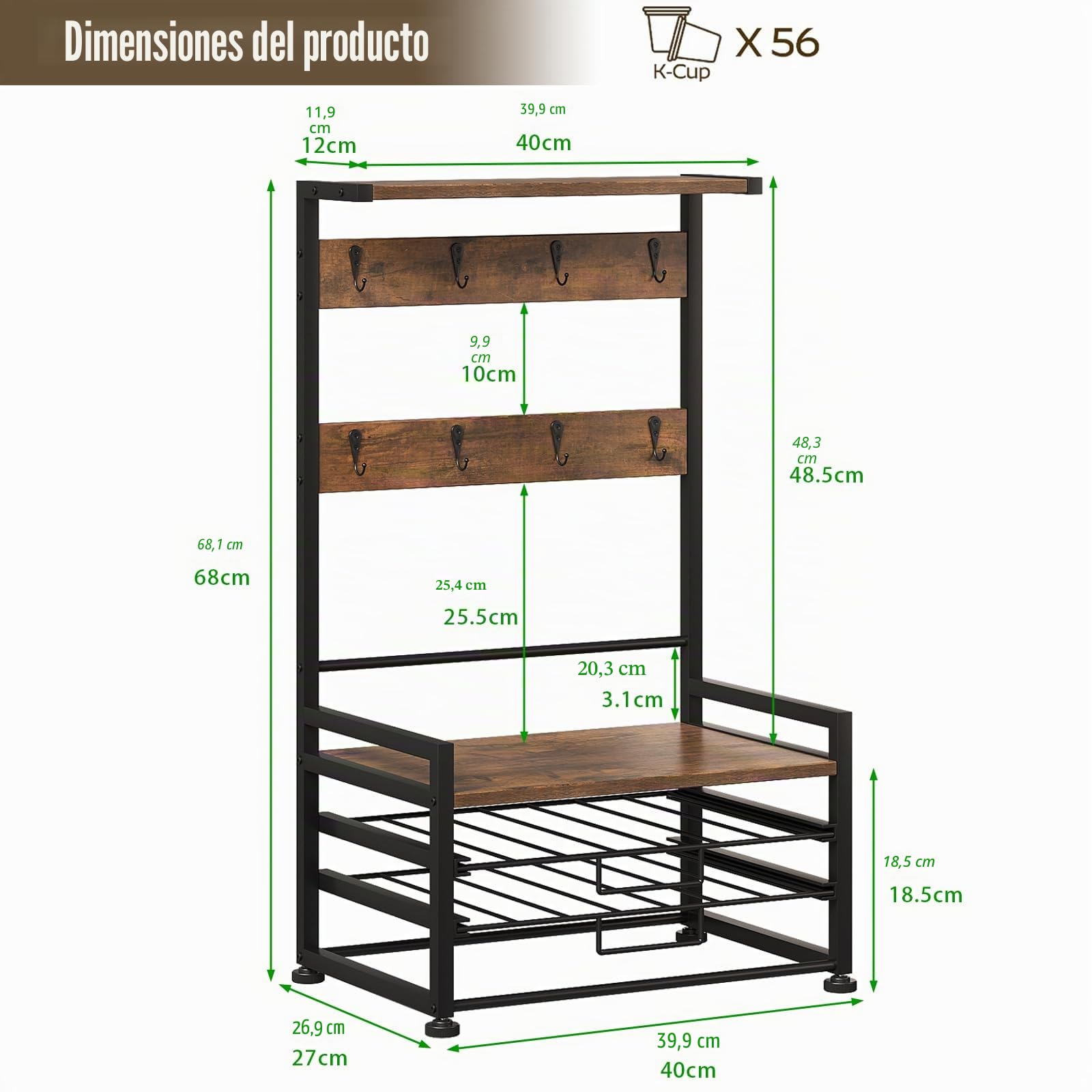 Soporte para cápsulas de café de 3 niveles con cajón para 56 cápsulas, 8 ganchos para tazas, jarabe y especias, estante para cocina, cafetería, oficina, encimera, marrón