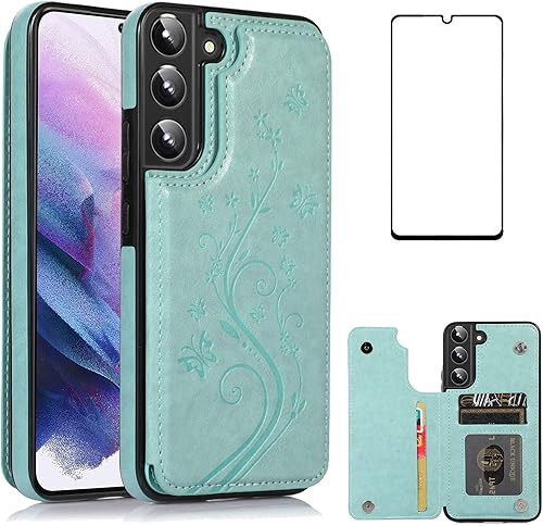 Asuwish Glaxay S22 - Funda para Samsung Galaxy S22 5G con protector de pantalla de vidrio templado, soporte de cuero con tarjetero, doble cierre