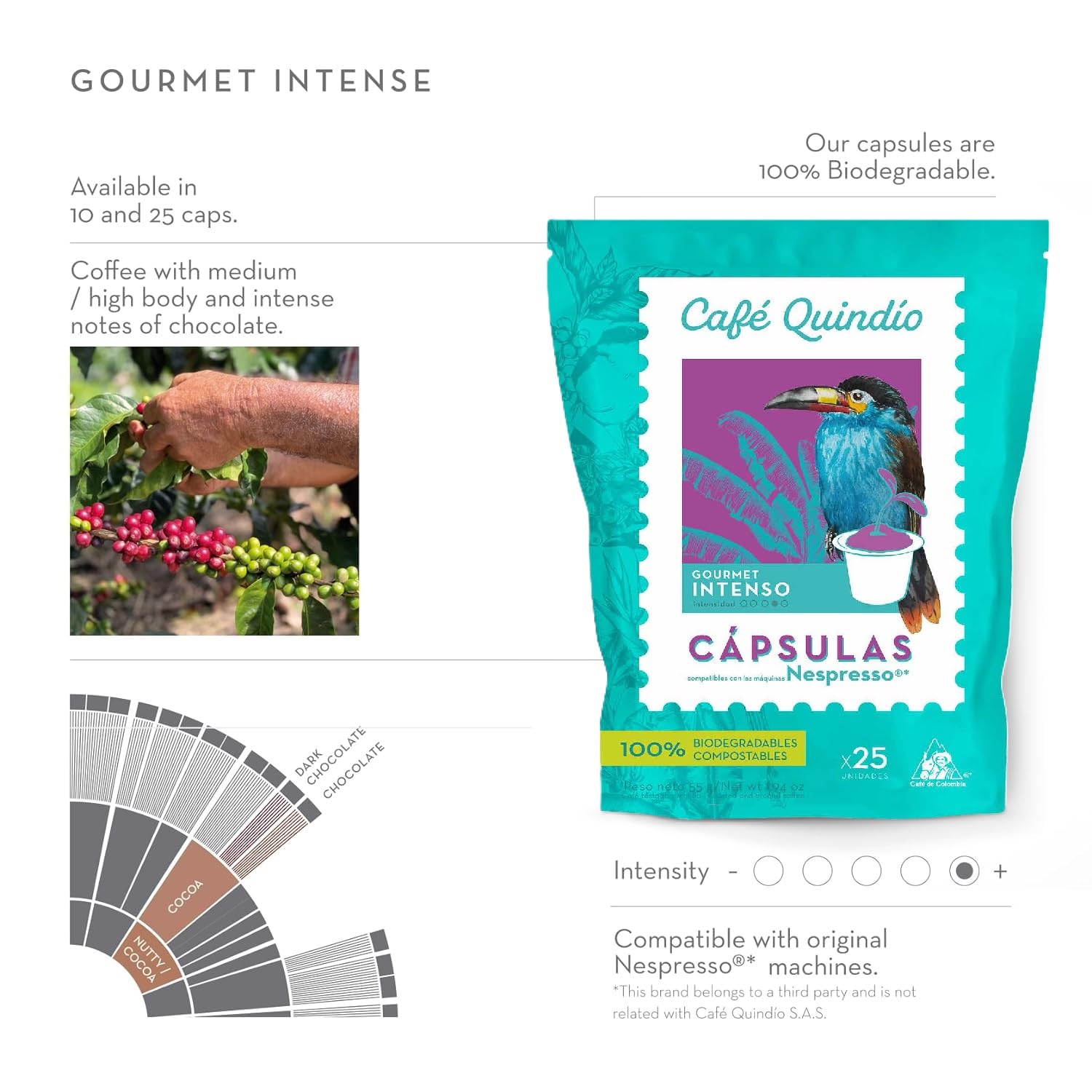 Café Quindío Kaffeekapseln - kompatibel mit Nespresso, 100% Arabica, Specialty Coffee, Kolumbien, Mittlere Röstung - Nachhaltig und Kompostierbar, 25 Kapseln/Beutel (137.5 g, Gourmet Intense)