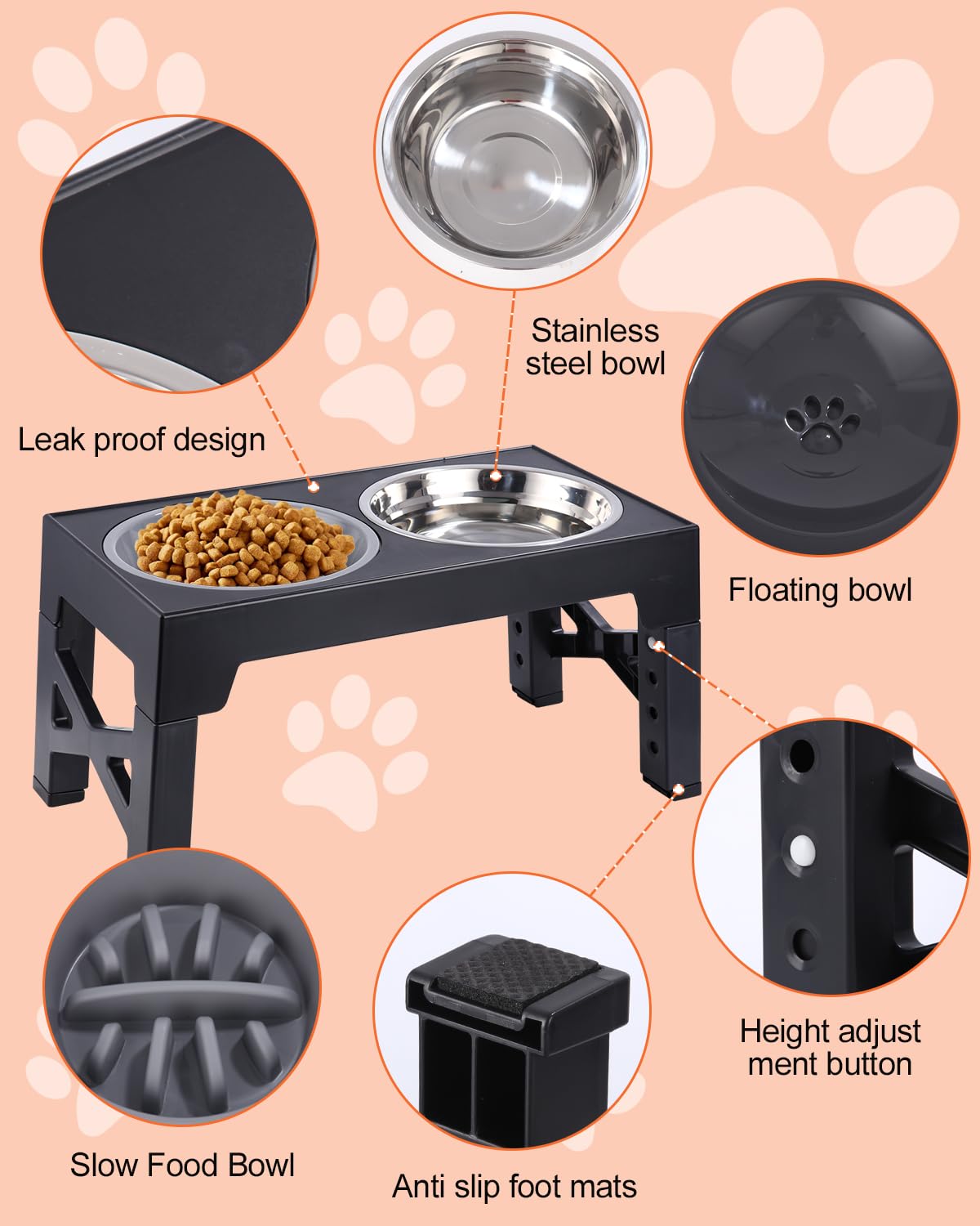 TIDEVAN Ciotola per Cani Ciotola Rialzata Ciotole Acqua Rialzate 4 Supporti Regolabili in Altezza con Ciotola per Alimentazione Lenta e Ciotola Galleggiante e Acciaio Inossidabile per Cani in Diverse