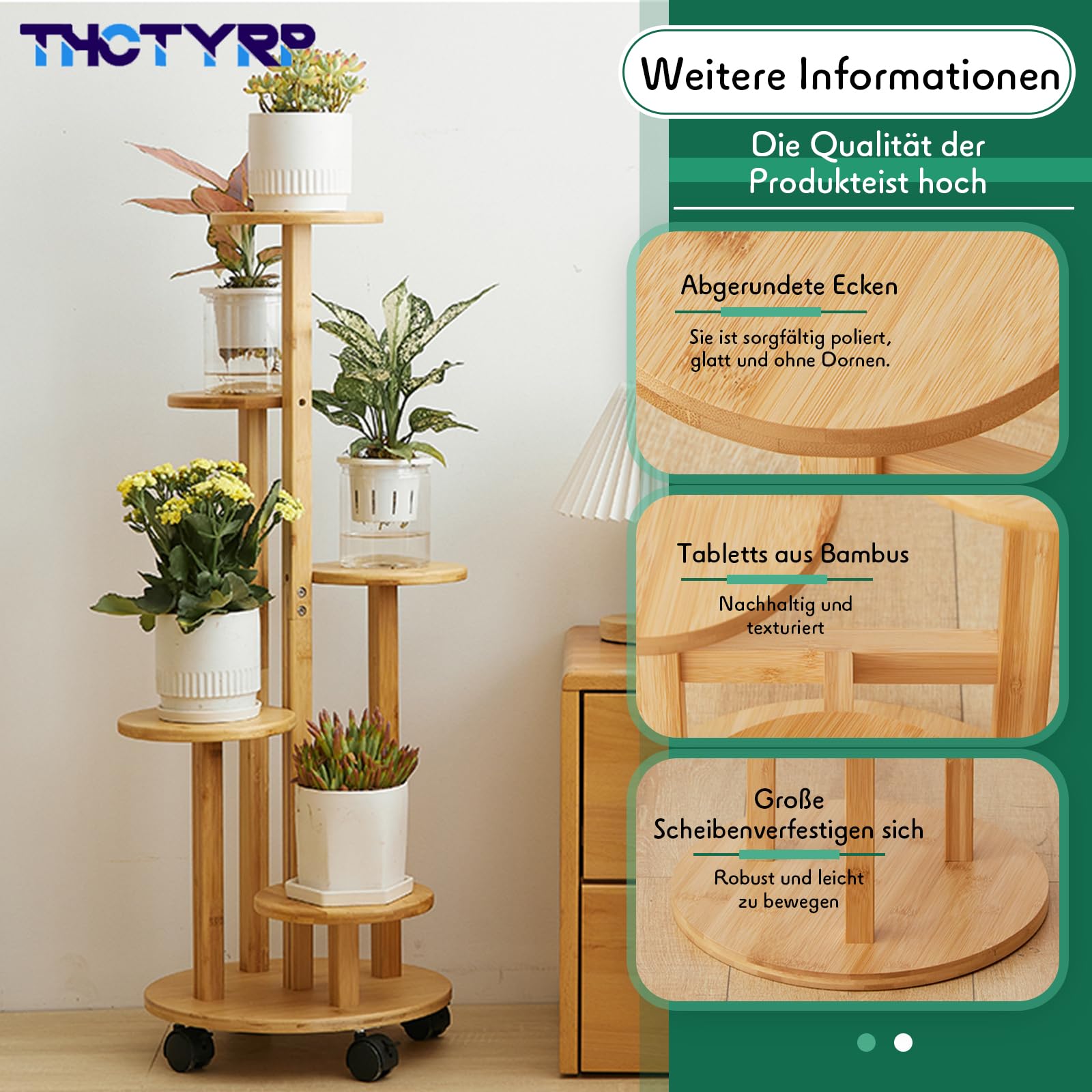 Bambus Blumenständer mit Rollen, Hoch & Niedrig | Pflanzenständer für Wohnzimmer & Balkon, Innenblumenständer mit Rädern, Mehrstöckig