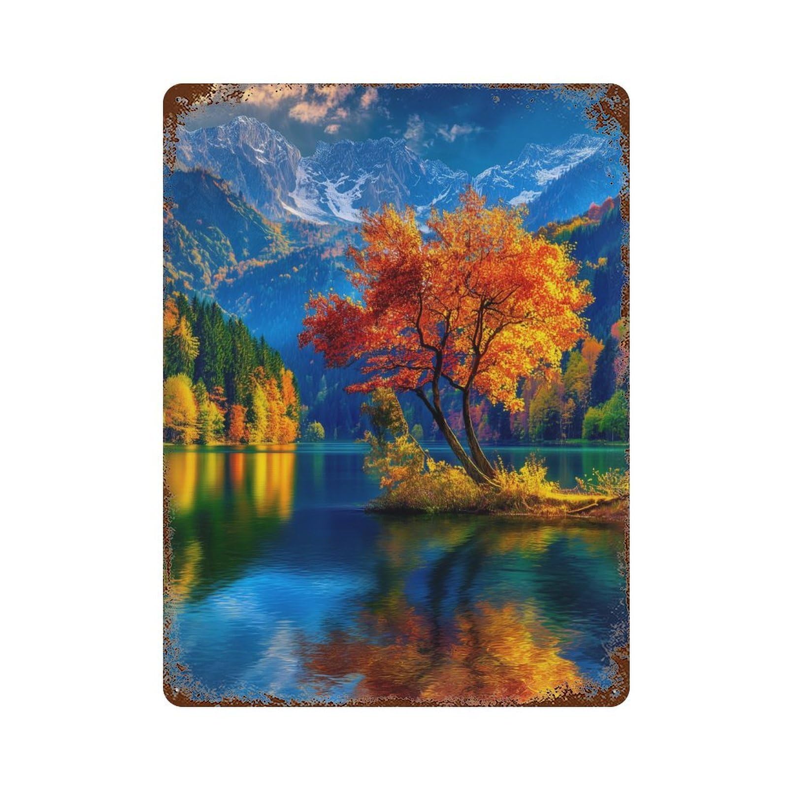 Autumn Lake Reflections Distressed Metal Wall Sign 15.7"x11.8", Rustic Home Decor for Living Room, Hallway And Home Decor