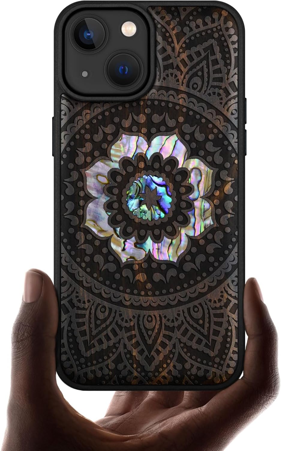 Carveit Designer Wooden Protective Magnetic Case for iPhone 14 Case [Wood Engraving & Shell Inlay] Compatible with iPhone 14 MagSafe (Mandala Pattern-Blackwood)