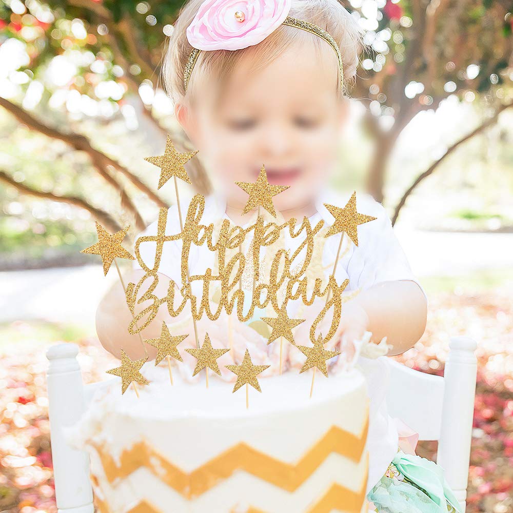 Gold Happy Birthday Cake Toppers, 2 Sets Glitter Cake Topper Banner for