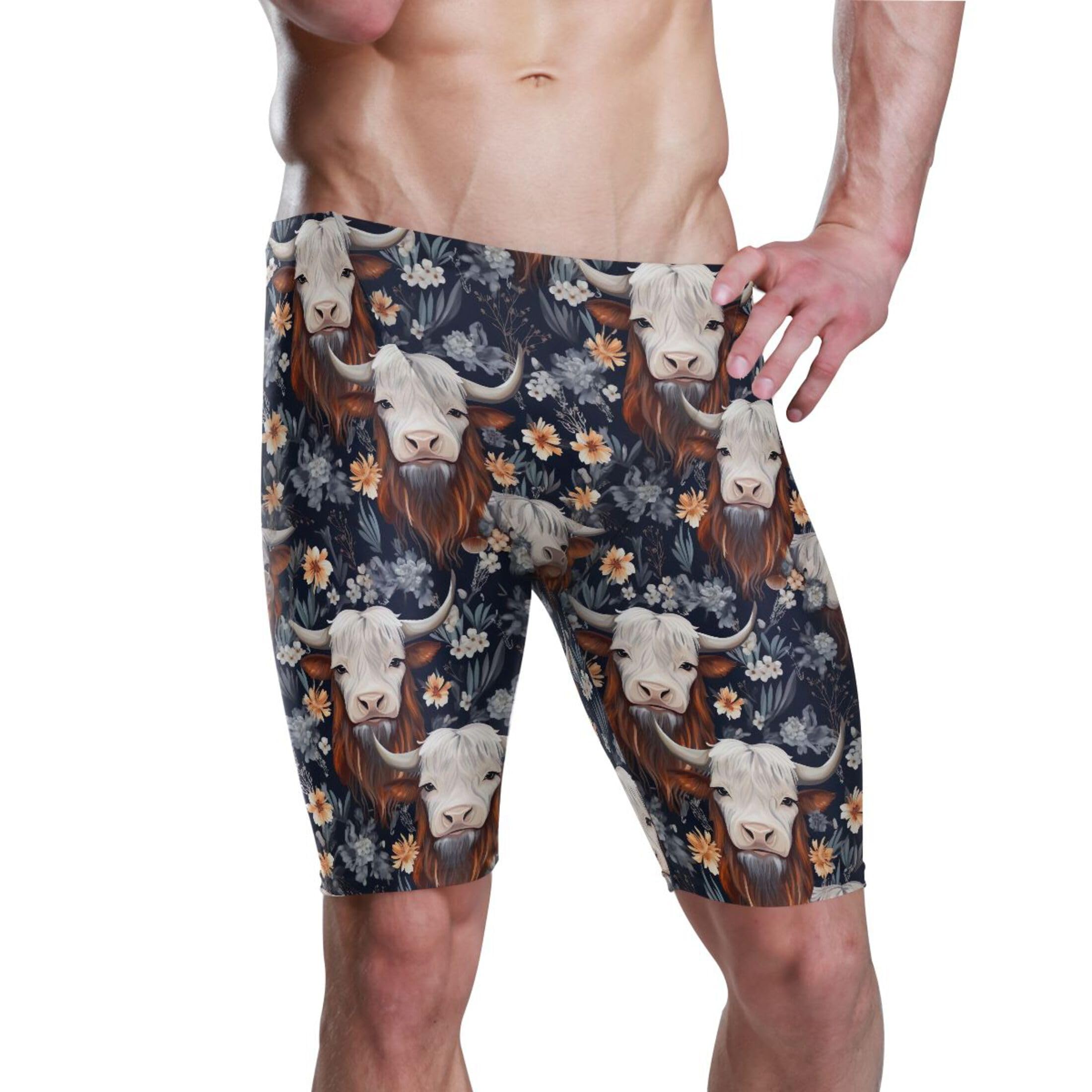 UMIRIKO Highland Cow Flowers Animal Men's Swimsuit Swim Jammers L B0403266