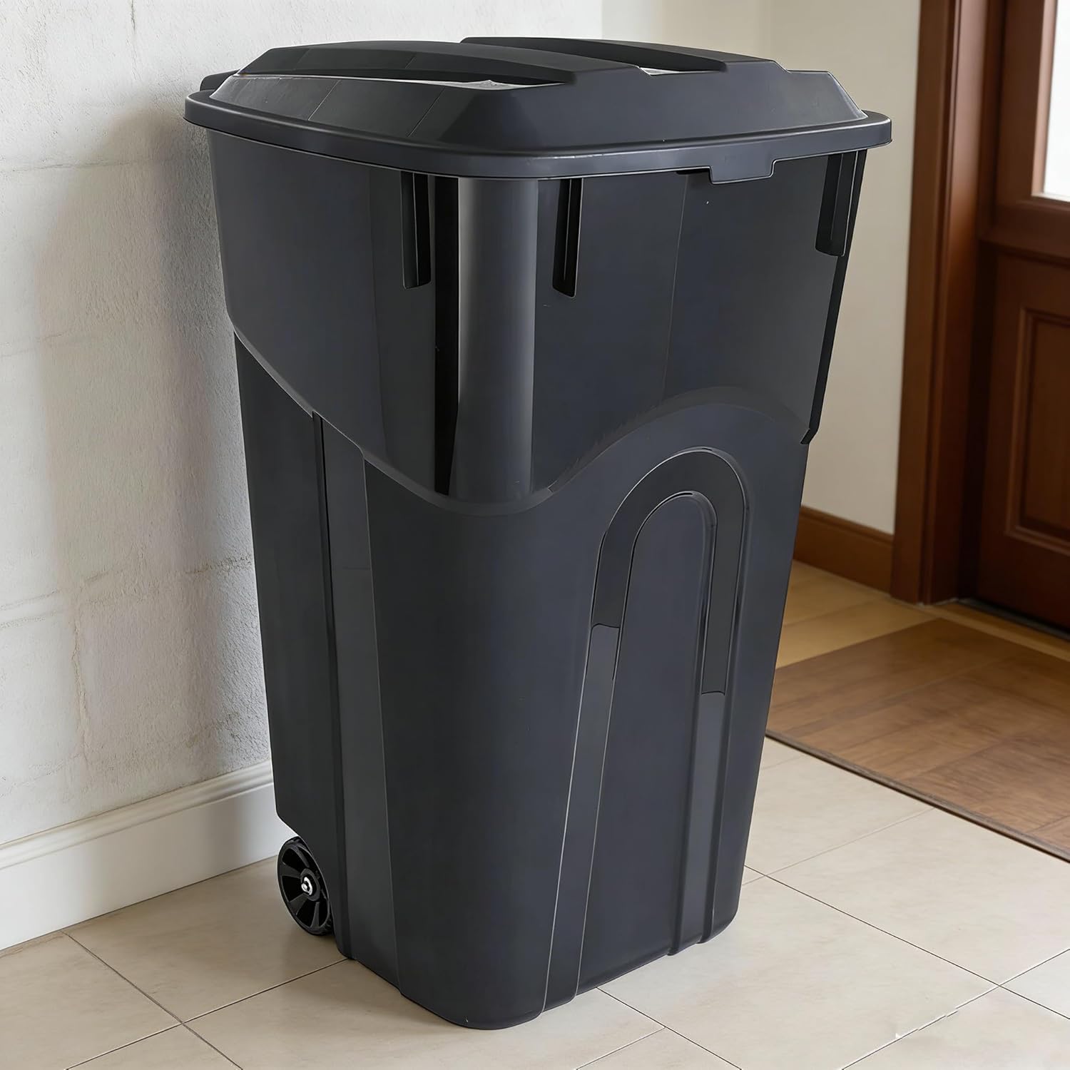 32 Gallon Plastic Garbage Can with Attached Lid, Wheeled Trash Bin, Outdoor/Indoor Use, Black
