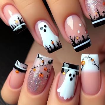 Halloween Medium Press on Nails Medium Square French Tip White Fake Nails with Cute Ghost Designs Pumpkin Lamp False Nails Cemetery Full Cover Glossy Glue on Nails for Women 24Pcs