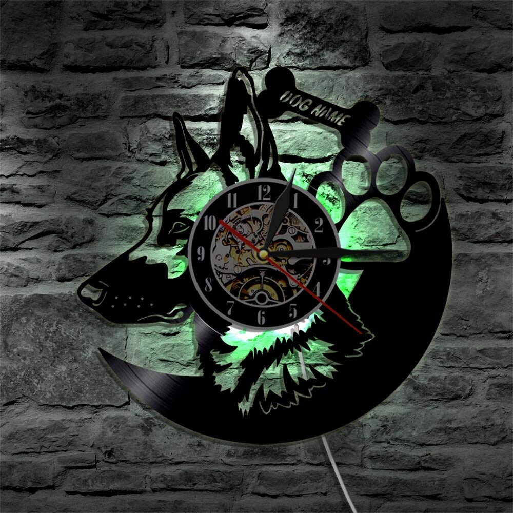 Cane da pastore tedesco Orologio da parete Design moderno Razze canine Disco in vinile Orologio vintage Orologio personalizzato con nome cane Orologio da parete Regalo per amante dei cani Regali per