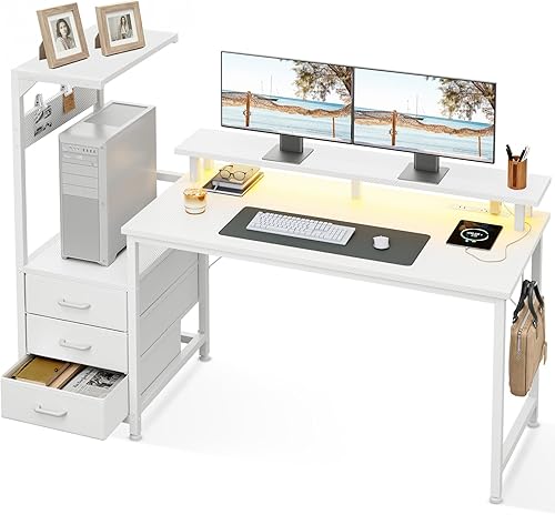 Miniatura 10 de AODK Escritorio para juegos de 59 pulgadas con puertos de carga USB y luz LED, escritorio reversible para computadora con estantes de almacenamiento