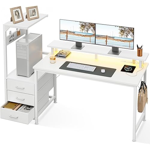 AODK 59 Inch Gaming Desk with USB Charging Ports & LED Light- Reversible Computer Desk with Storage Shelves & Monitor Stand, Modern Gamer Desk Table with Fabric Drawers & Side Hook, Carbon Fiber White