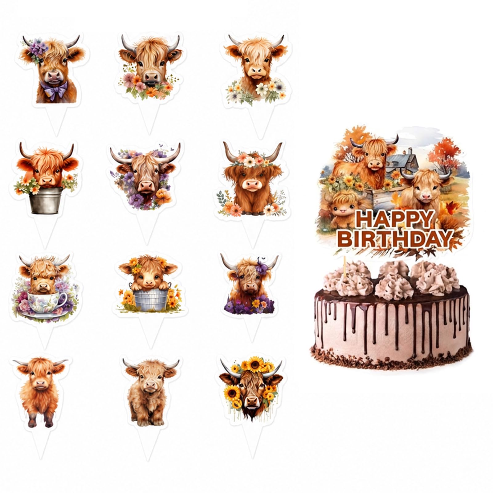 13Pcs Highland Cow Cake Topper Set, Animals Happy Birthday Cupcake Toppers