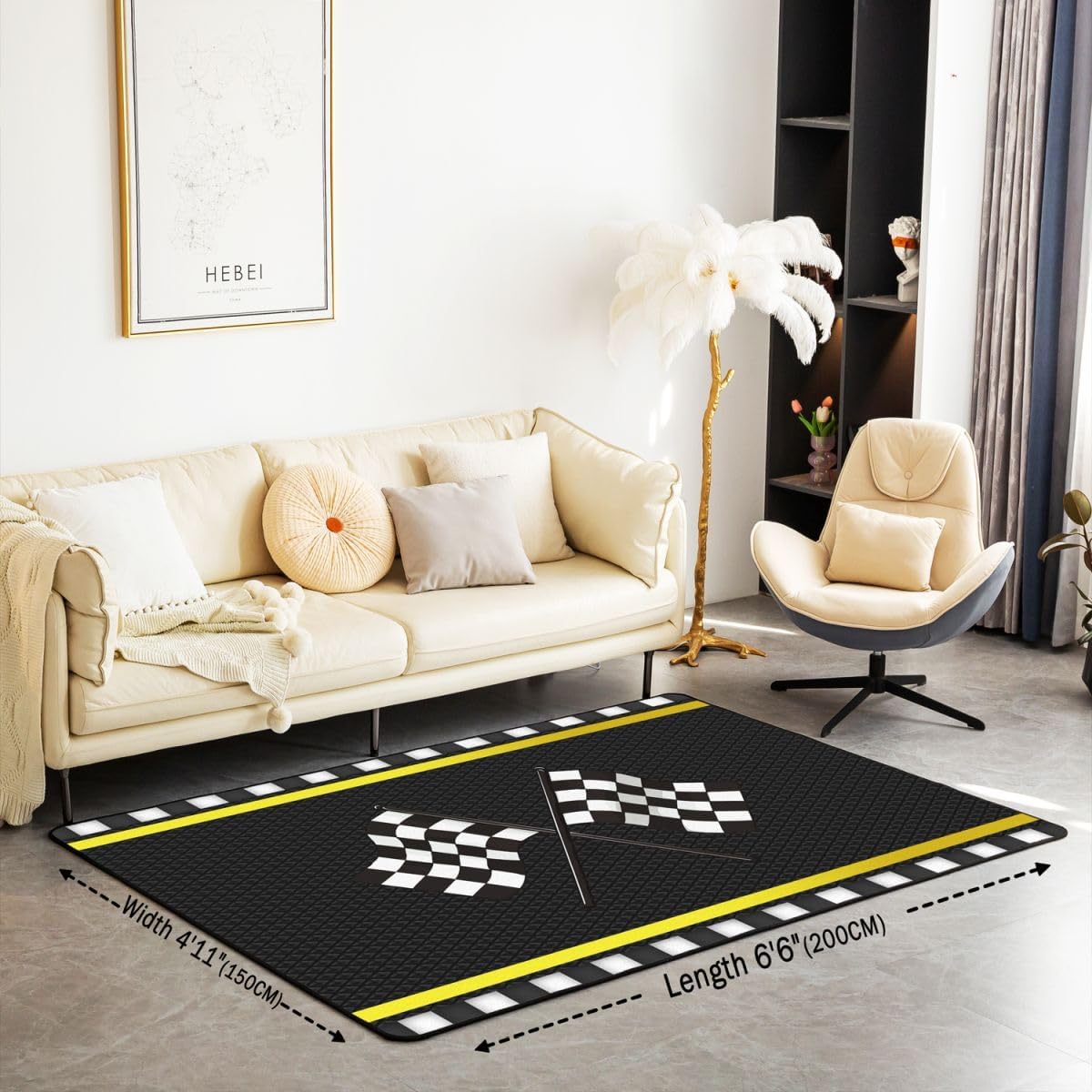Erosebridal Racing Area Rugs 5x7 for Boys Girls Bedside Living Room,Race Car Flag Non Slip Rug,Grid Checkered Carpet,Cool Speed Competition Indoor Floor Mat Bedroom Decor,Black White