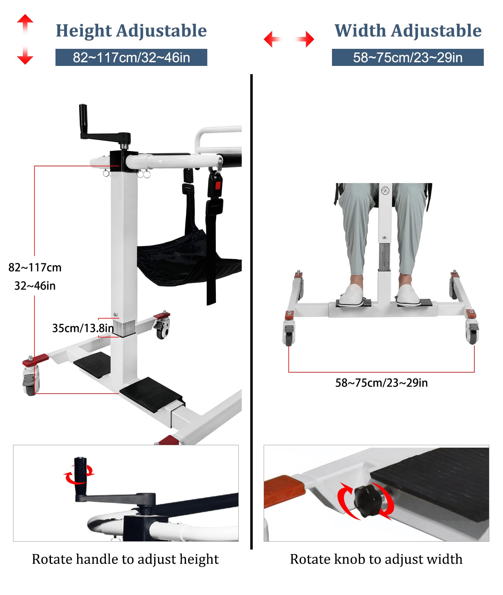 Silla de Transferencia con Elevador de Pacientes, Altura/Ancho Ajustable, Dispositivos de Transferencia de Silla de Ruedas a Coche, Silla de Transferencia de Cama al WC