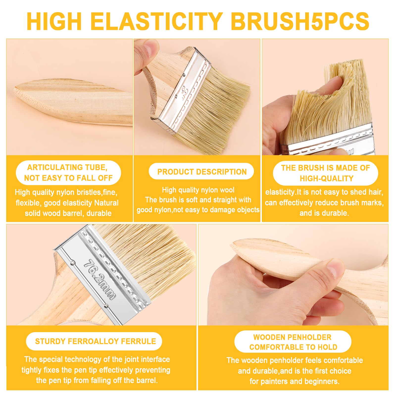 Set 5 Pennelli Pittura Professionale - Pennelli Piatti Con Manico Legno Per Vernici E Fai Da Te - Foto 3