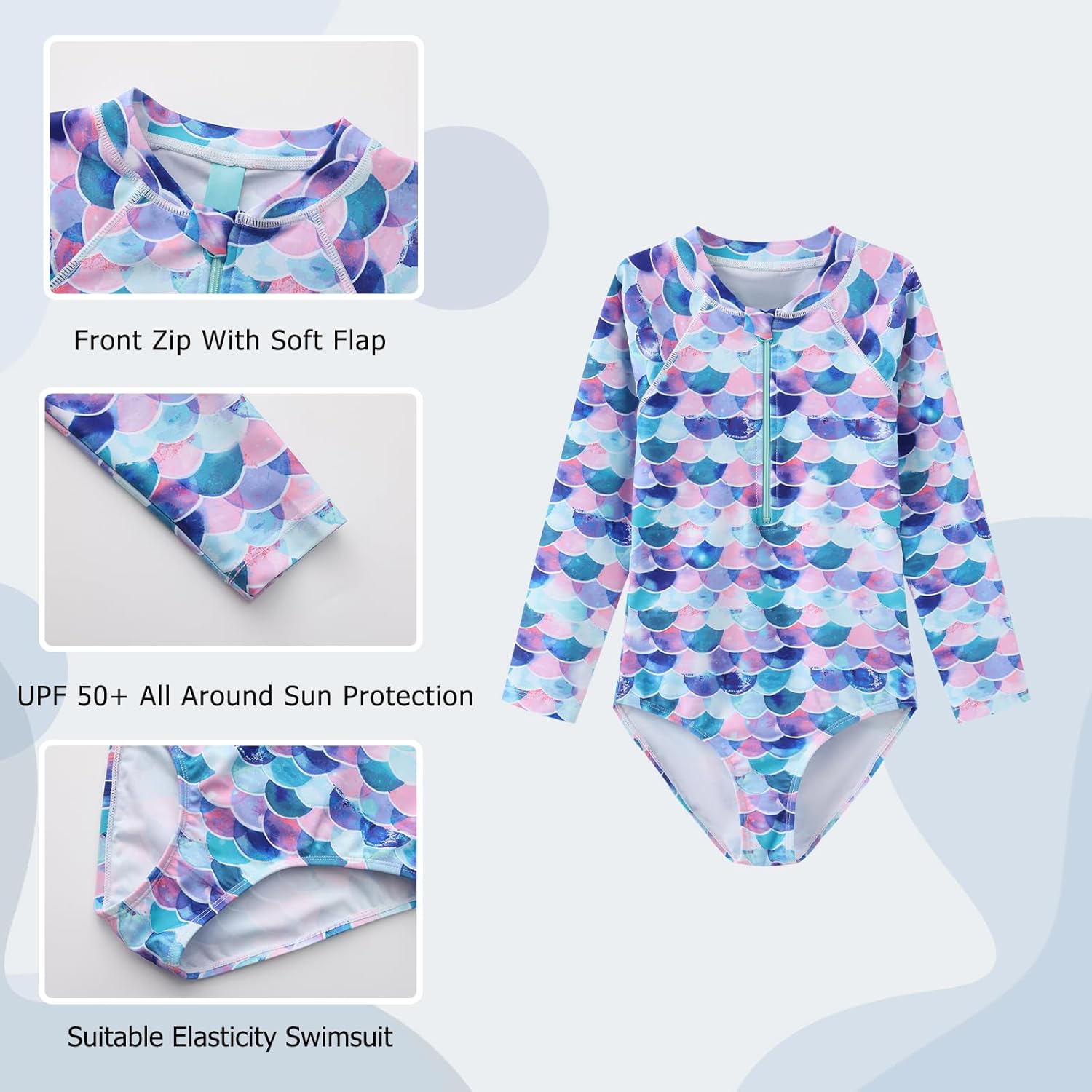 Aisyee Girls One Piece Swimsuits Long Sleeve Rash Guard Kids Hawaiian Bathing Suit UPF 50+ Swim Shirts 3-16 Years