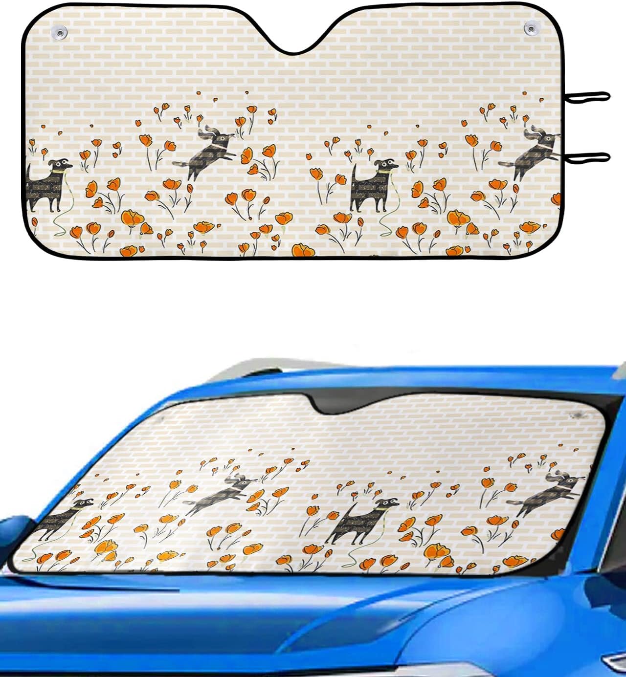 Front Car Windshield Sun Shade 27.5x55in, Flower Cute Black Dog Brick Wall Foldable Car Sunshade Blocks Sun UV Rays Protector Car Sun Visor Protector Keep Cool Car Sunshade