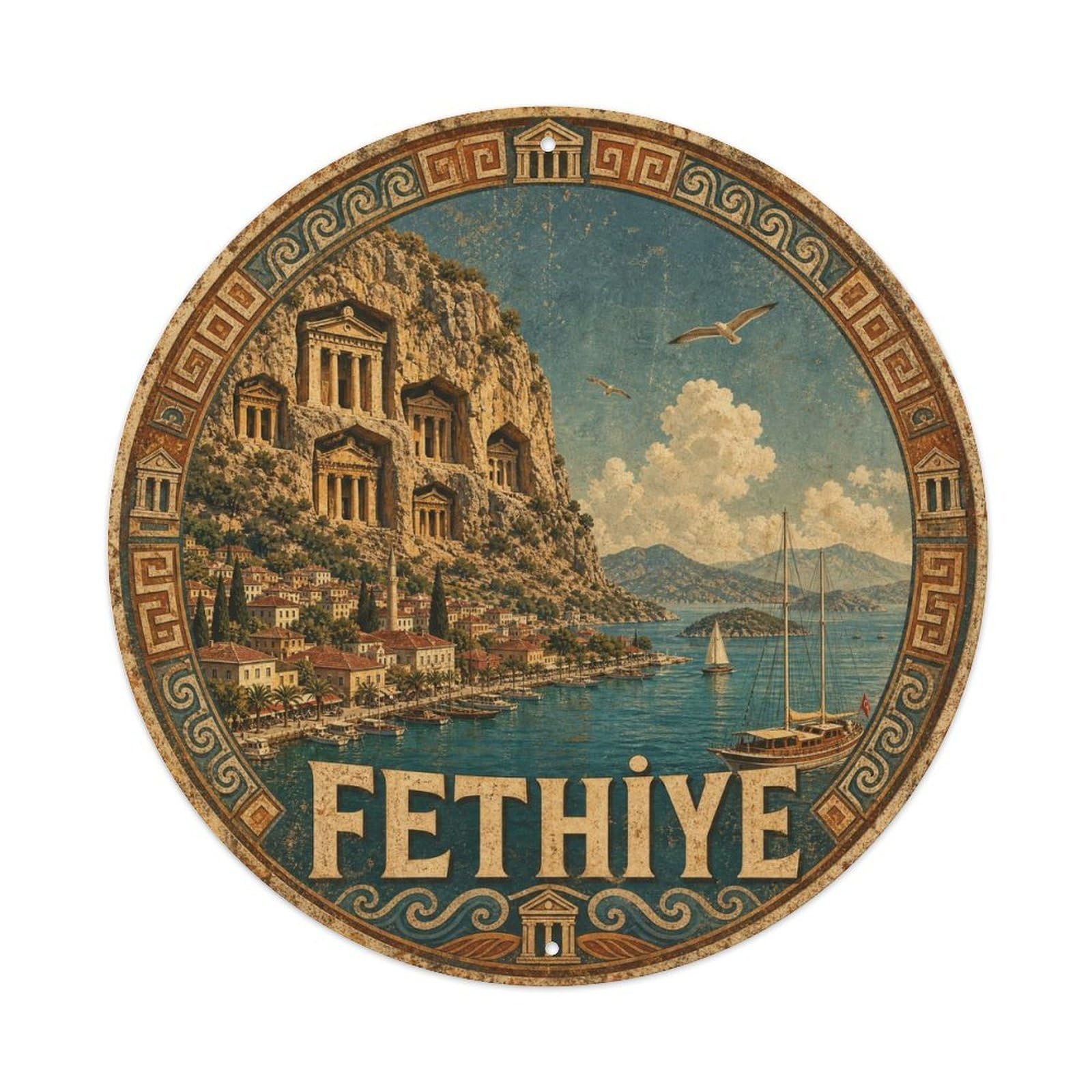 Mugla Fethiye Lycian Tombs Turkey Weathered Vintage Metal Tin Sign