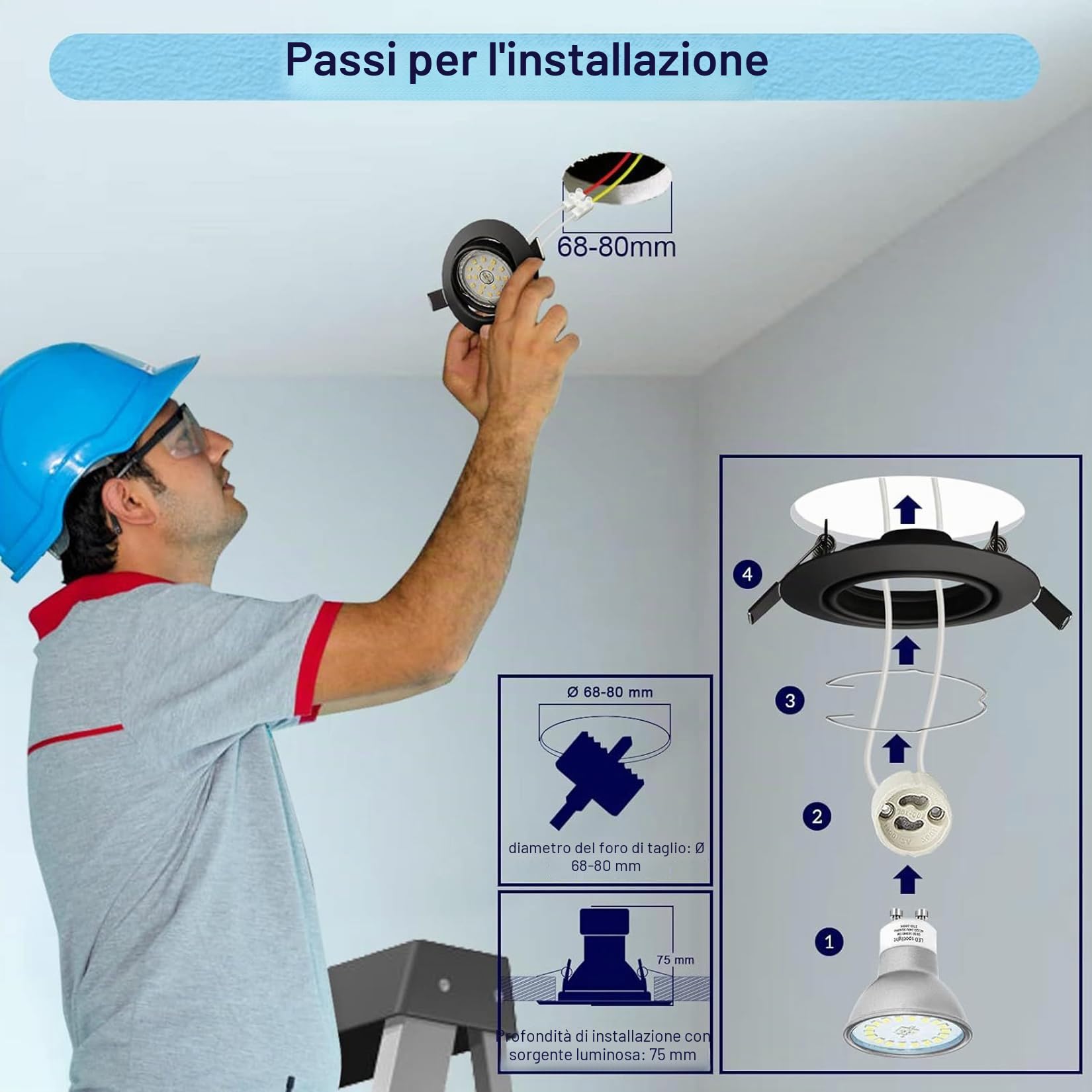Cornice Faretti LED da Incasso per Cartongesso GU10 Nero,12x Faretto Incasso Cartongesso Soffitto Orientabili a 30°,Foro 68mm-80mm,Portafaretto Rotondo,Portalampada GU10 per Faretto e Alogeno