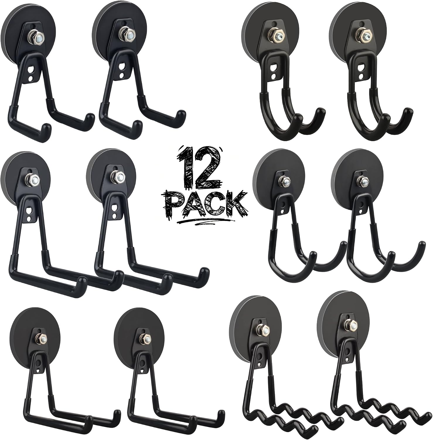 ULIBERMAGNET Heavy Duty Magnetic Garage Hooks Kit,12 Pack Strong Large Magnet Hook for Power Drill,Garden Tools,Hose,Pegboard,Garage, Workshop,Magnetic Storage Hooks for Indoor Outdoor Hanging(Black)