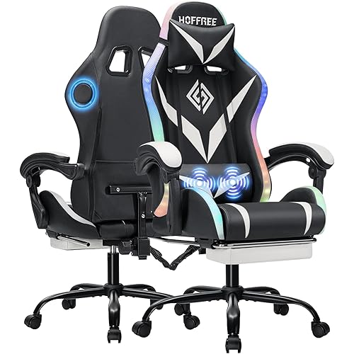 Gaming Chair with Bluetooth Speakers and RGB LED Lights Ergonomic Massage Computer Gaming Chair with Footrest Video Game Chair High Back with Lumbar Support White and Black