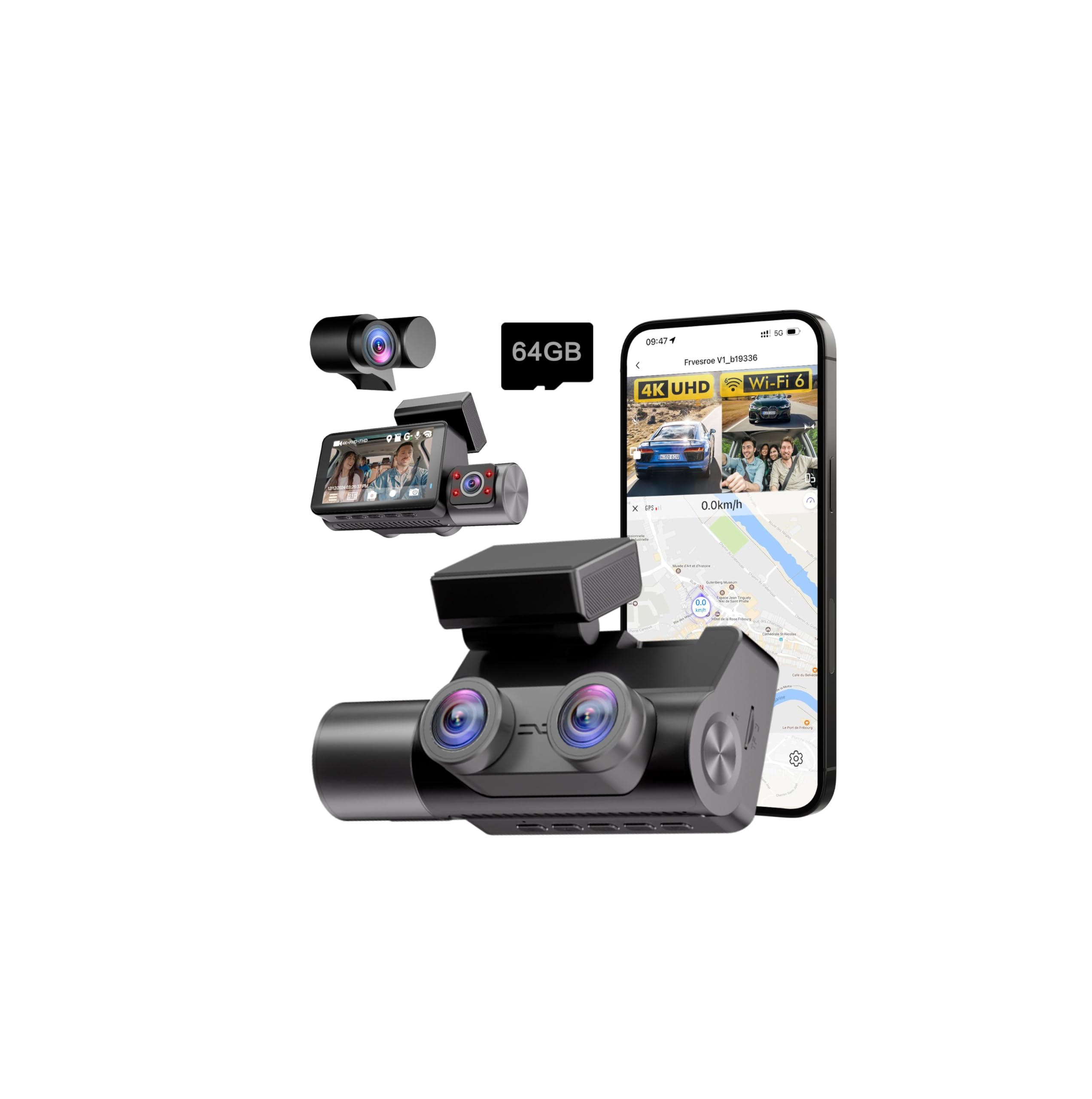 Frvesroe 3 Kanal Dashcam Auto 4K UHD für Vorne, Innen & Hinten, mit GPS & WiFi 6, 24H Parküberwachung, HDR Nachtsicht, G-Sensor, 64GB inklusive, Loop-Aufnahme, Dashcam für Alltag & Berufsfahre (V1)