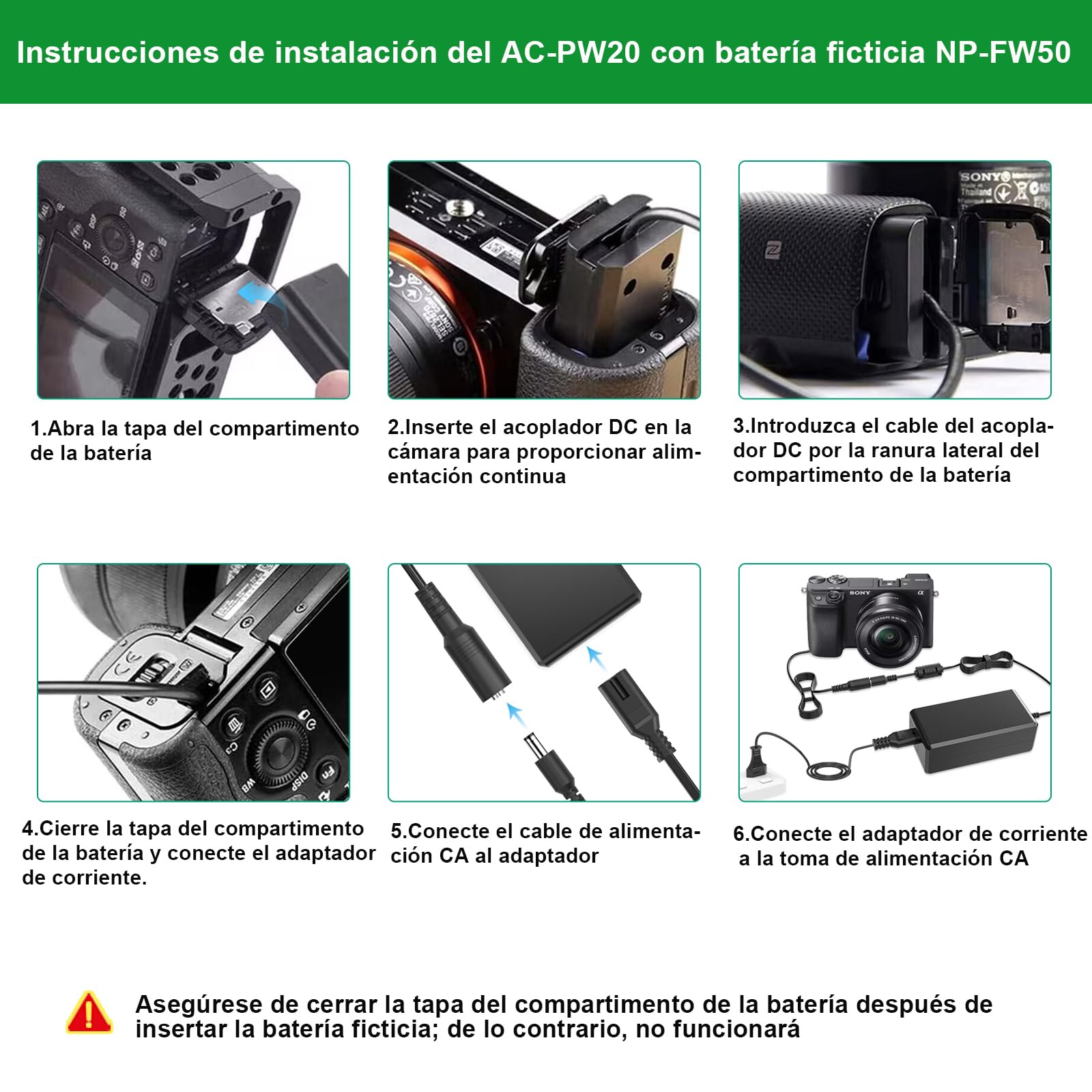 AC-PW20 Adaptador de alimentación de CA NP-FW50 Kit de batería ficticia para Sony Alpha ZV-E10 A7 A7R A7S A7II A7RII A7SII A6500 A6400 A6300 A6100 A6000 A5100 A5000 RX10 II III IV NEX-3 NEX-5