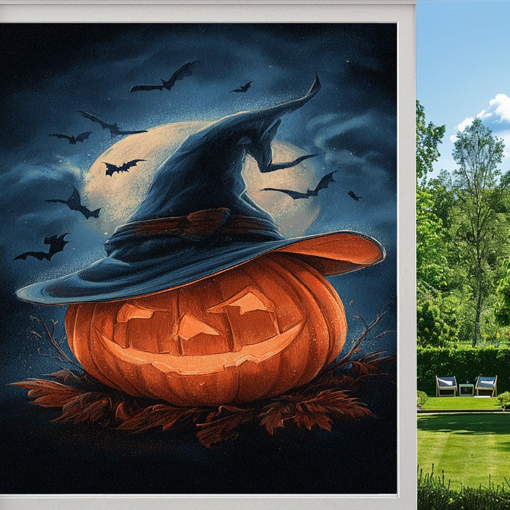 Pmlbaous Horror Halloween Stained Glass Window Film, Dark Witch Hat Full Moon Peel And Stick Privacy Film, Frosted Adhesive Vinyl Decorative For Bathroom Windows Glass Doors, （55X100cm）
