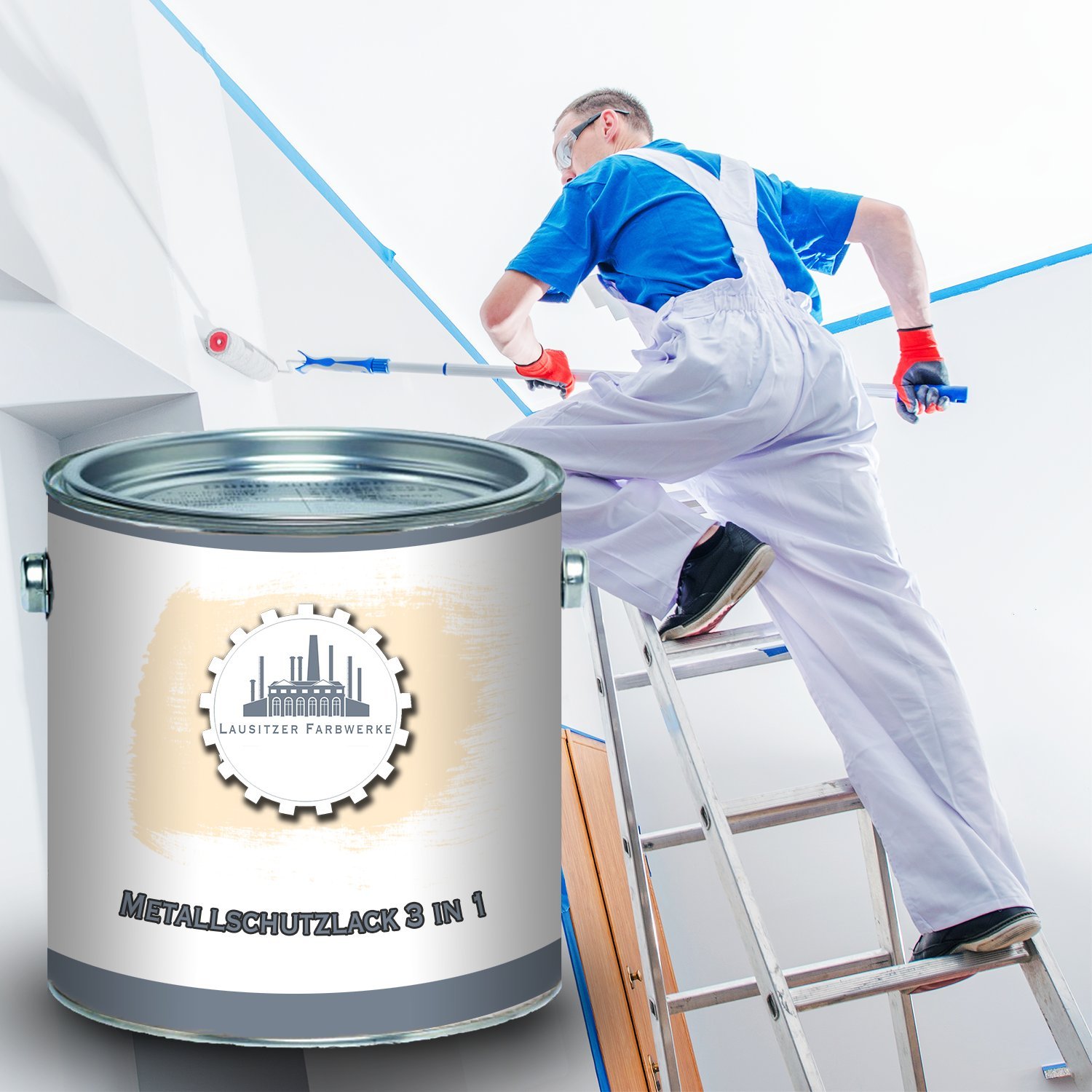Lausitzer Farbwerke Farba ochronna do metalu 3 w 1, lakier ochronny do metalu 3 w 1, oszczędzasz sobie produktów antykorozyjnych, farba do metalu, stal, żelazo, cynk, aluminium (2,5 l, jasna kość słoniowa (RAL 1015))