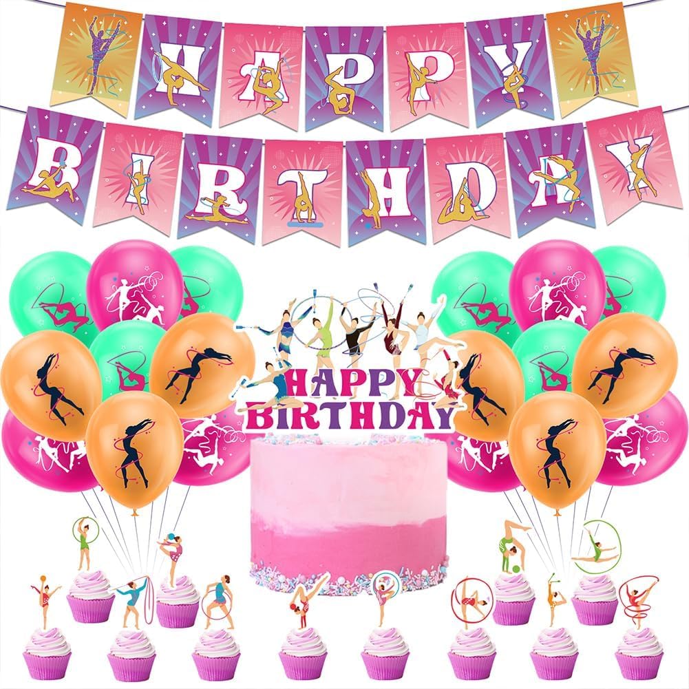Turn-Party Deko-Set – Inkl. Banner, Kuchen-Topper, Luftballons Für Gymnastik-Geburtstag