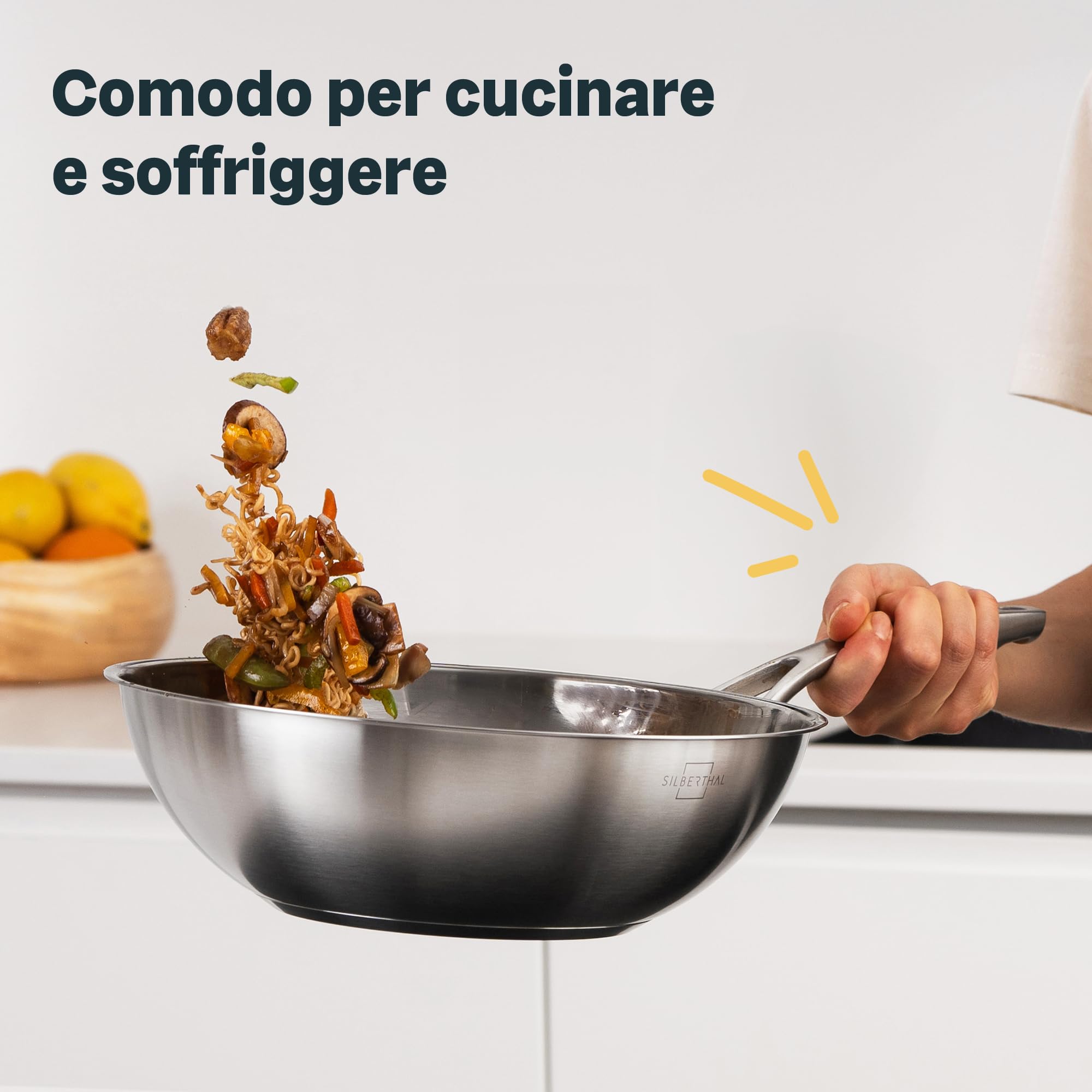 SILBERTHAL Wok acciaio inox 18/10 - Saltapasta 28 cm - Padella wok induzione - Pentola wok professionale