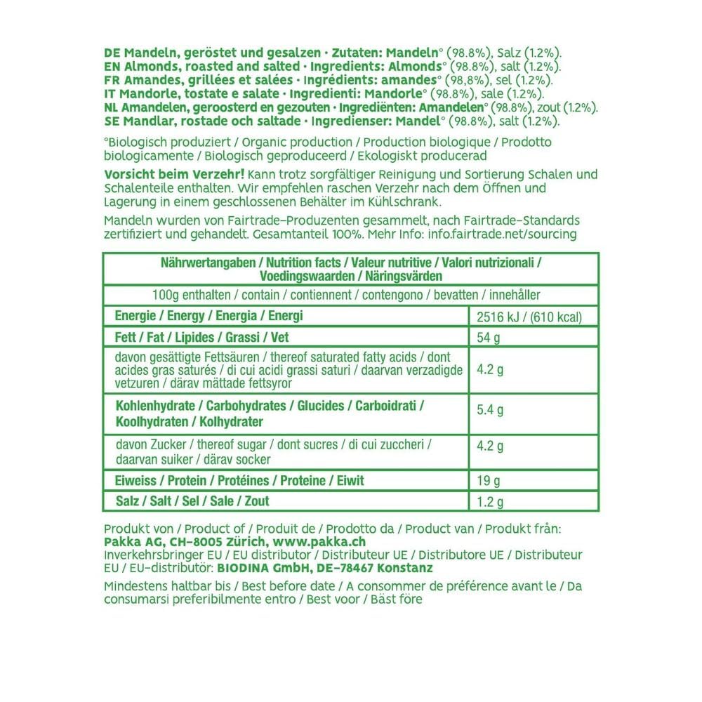 PAKKA – Bio Fairtrade Mandeln geröstet gesalzen 750gr, Öko geröstete Mandeln, direkt hergestellt und abgefüllt vom Produzenten in Usbekistan, vegan, Familienpackung, Value-Pack 0,75kg (1er Pack)