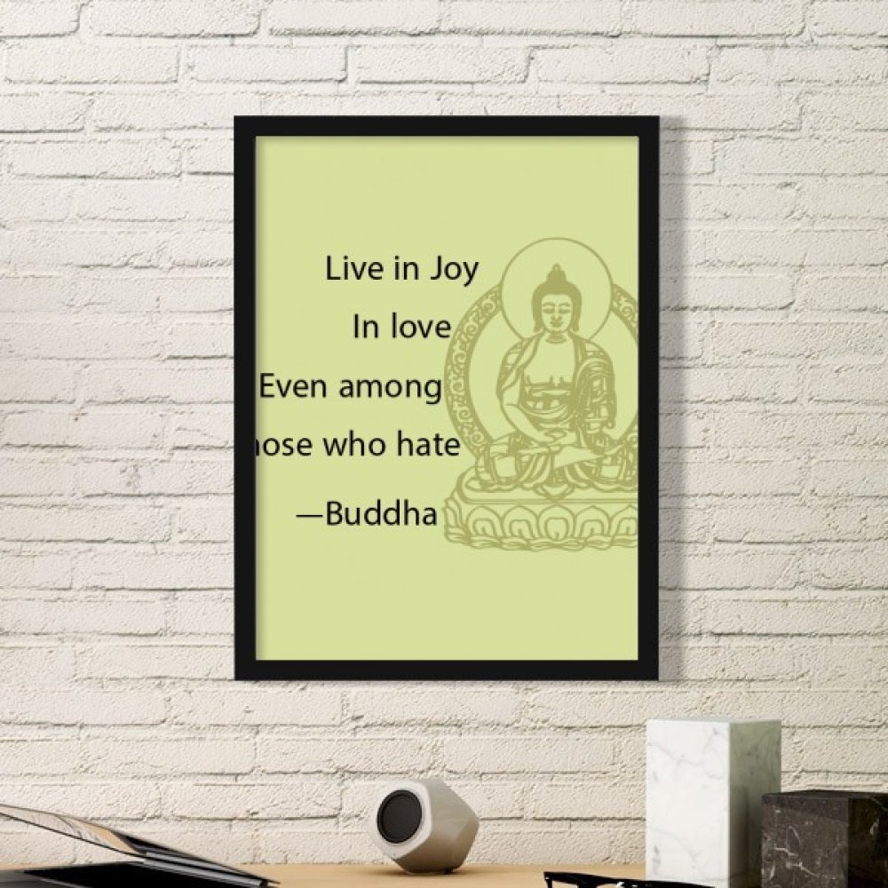 Citation de Bouddha imprimée sur un cadre photo en bois noir pour instaurer la joie chez soi