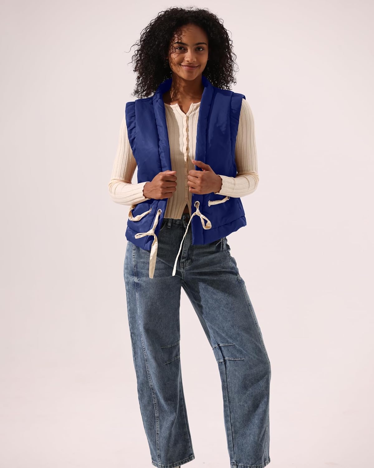 Locachy Womens Ribbon Tie Puffer Vest Warm Sleeveless Open Front Cropped Padded Outwear Vest - Image 4