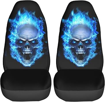 Skull Blue Fire Car Seat Covers 2 Pcs Set Vehicle Front Seat Protector Auto Interior Accessories Protetors Car Mat Covers Universal Fit Most Car SUV Van Truck