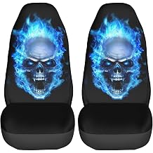 Skull Blue Fire Car Seat Covers 2 Pcs Set Vehicle Front Seat Protector Auto Interior Accessories Protetors Car Mat Covers Universal Fit Most Car SUV Van Truck