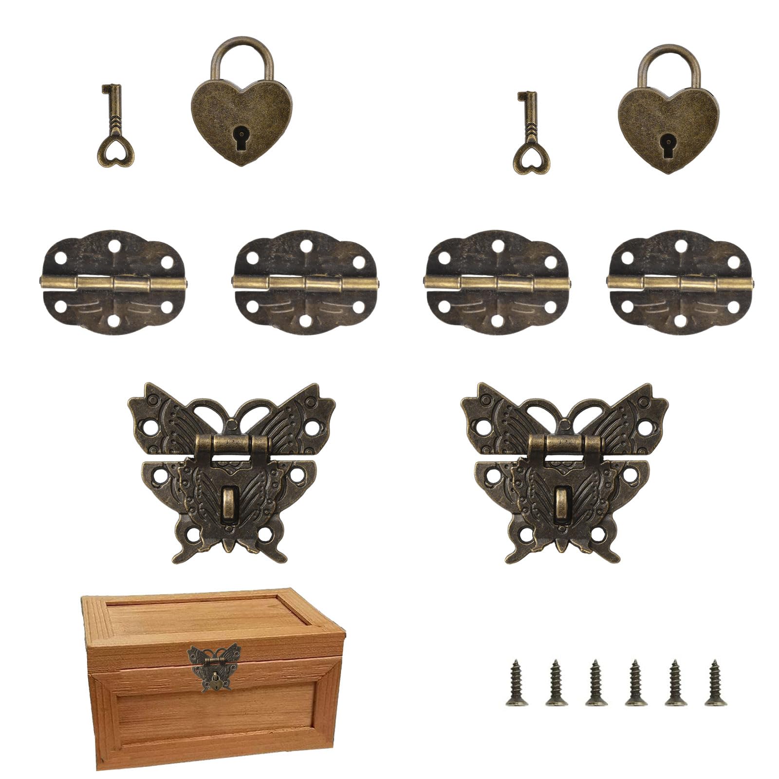 MOROBOR Antique Jewelry Box Butterfly Antique Lock Latch Hasp Box Hinges Heart Padlocks with Key for DIY Jewelry Box Wood Case Jewelry Chest Storage Box 2 Sets 8 PCS Box not Included