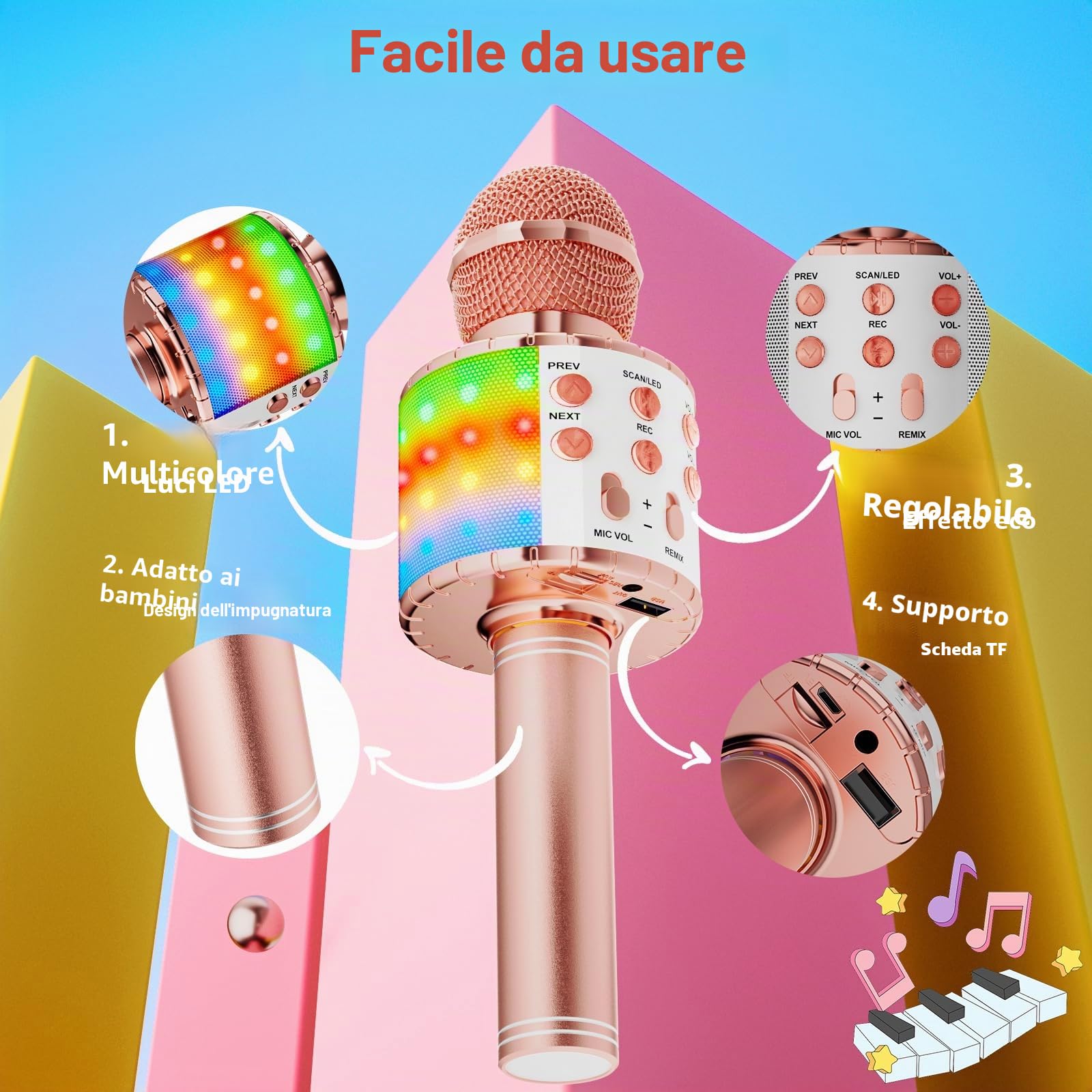 Ankuka Microfono Karaoke Bluetooth Wireless per Bambini 3-12 Anni Cambia Voce, Compatibile Android iOS PC Oro Rosa